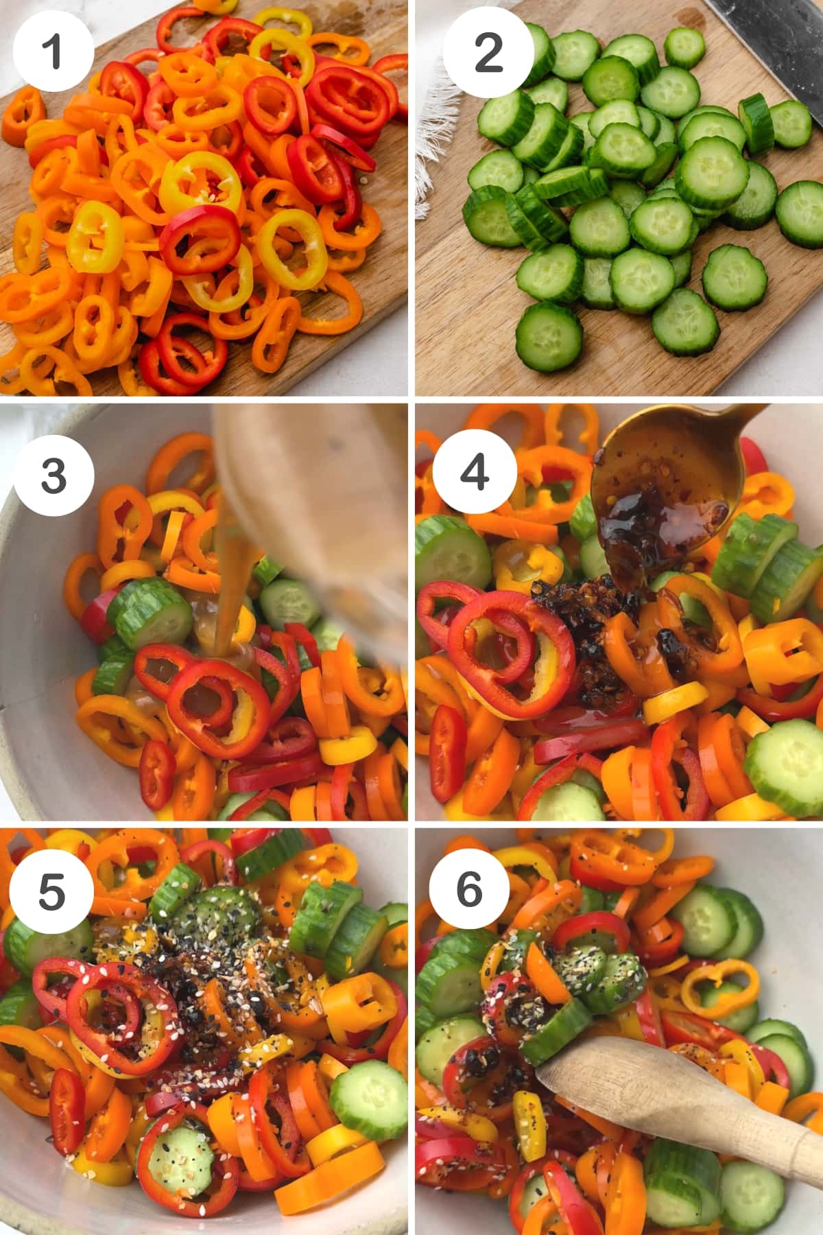 numbered step by step photos showing how to make this bell pepper salad