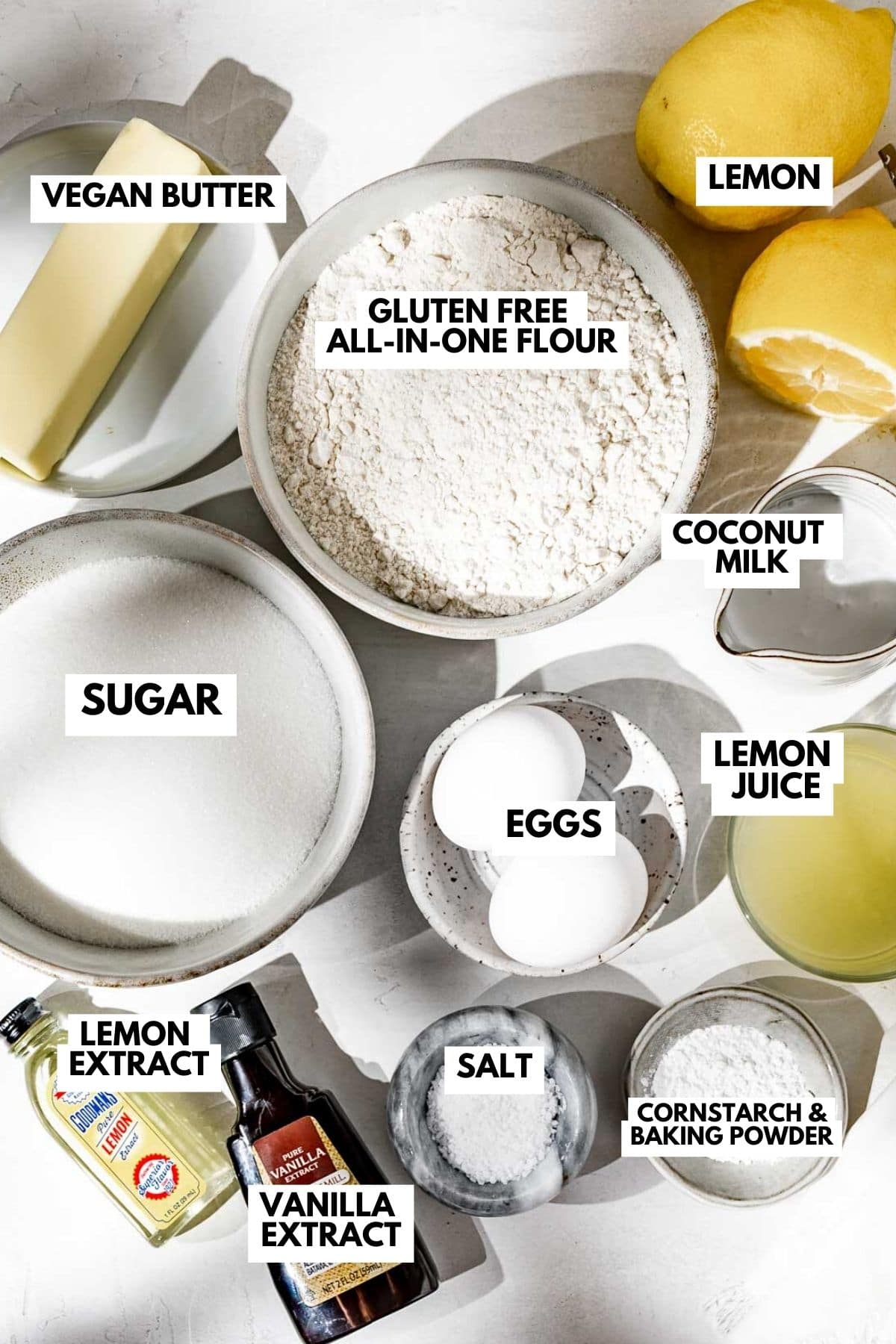 recipe ingredients in small nesting bowls and labeled