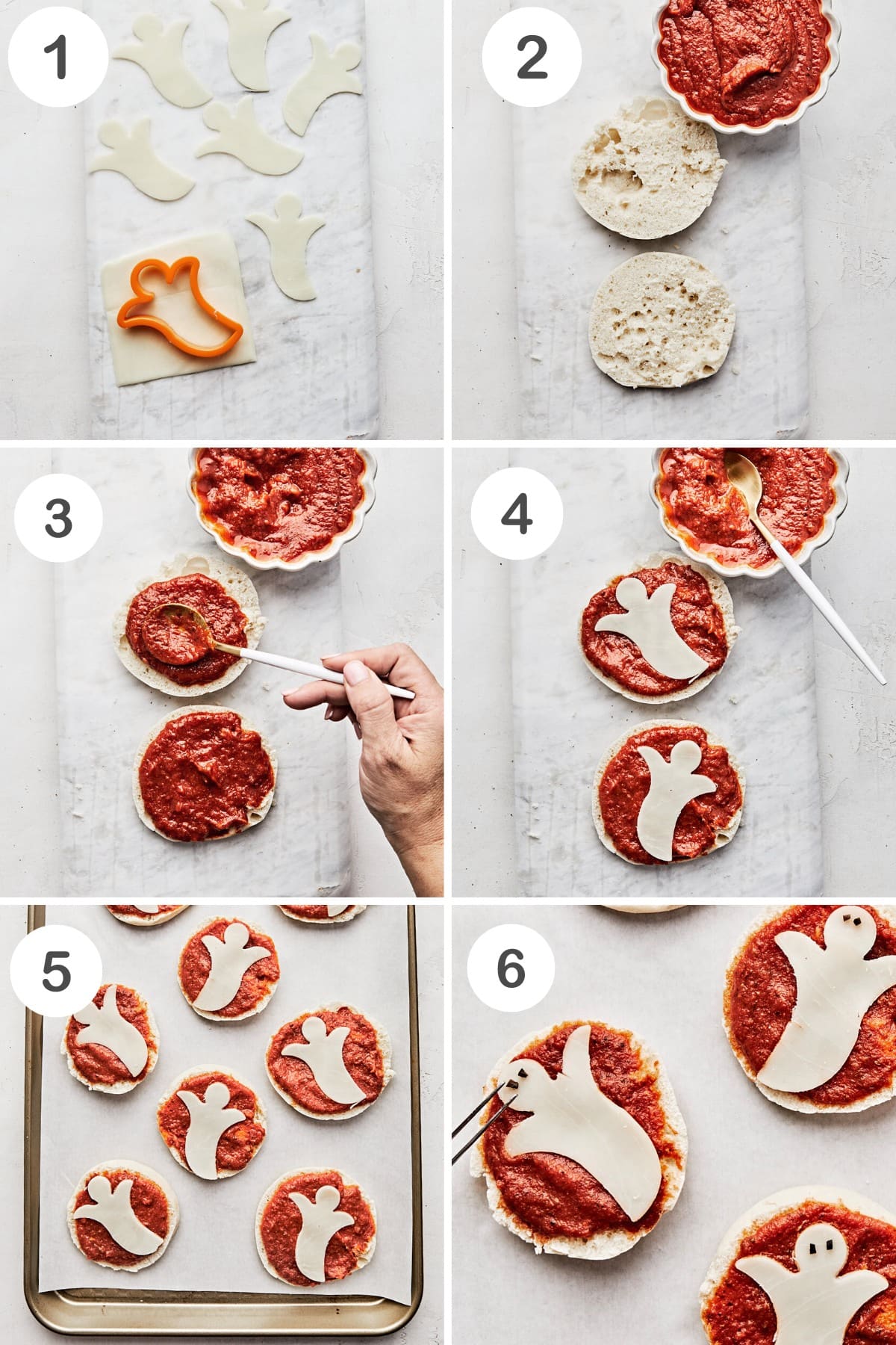 Step by Step instructions for Ghost English Muffin Pizza