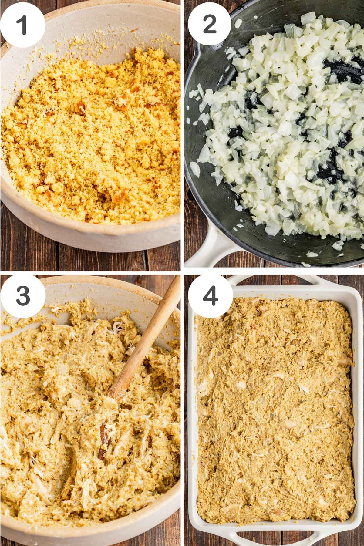 numbered step by step photos showing how to prepare cornbread dressing