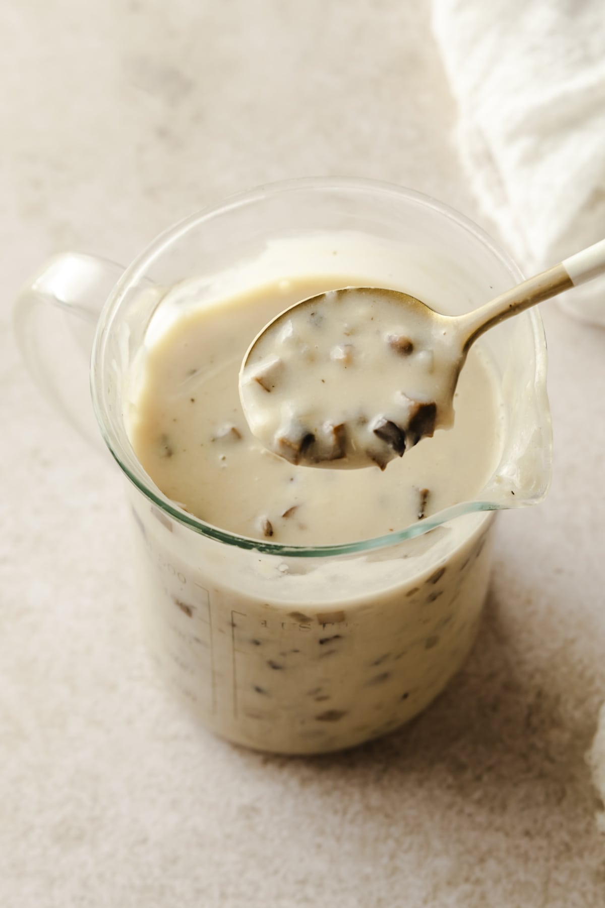 a spoon scooping a portion of cream of mushroom soup out of a jar