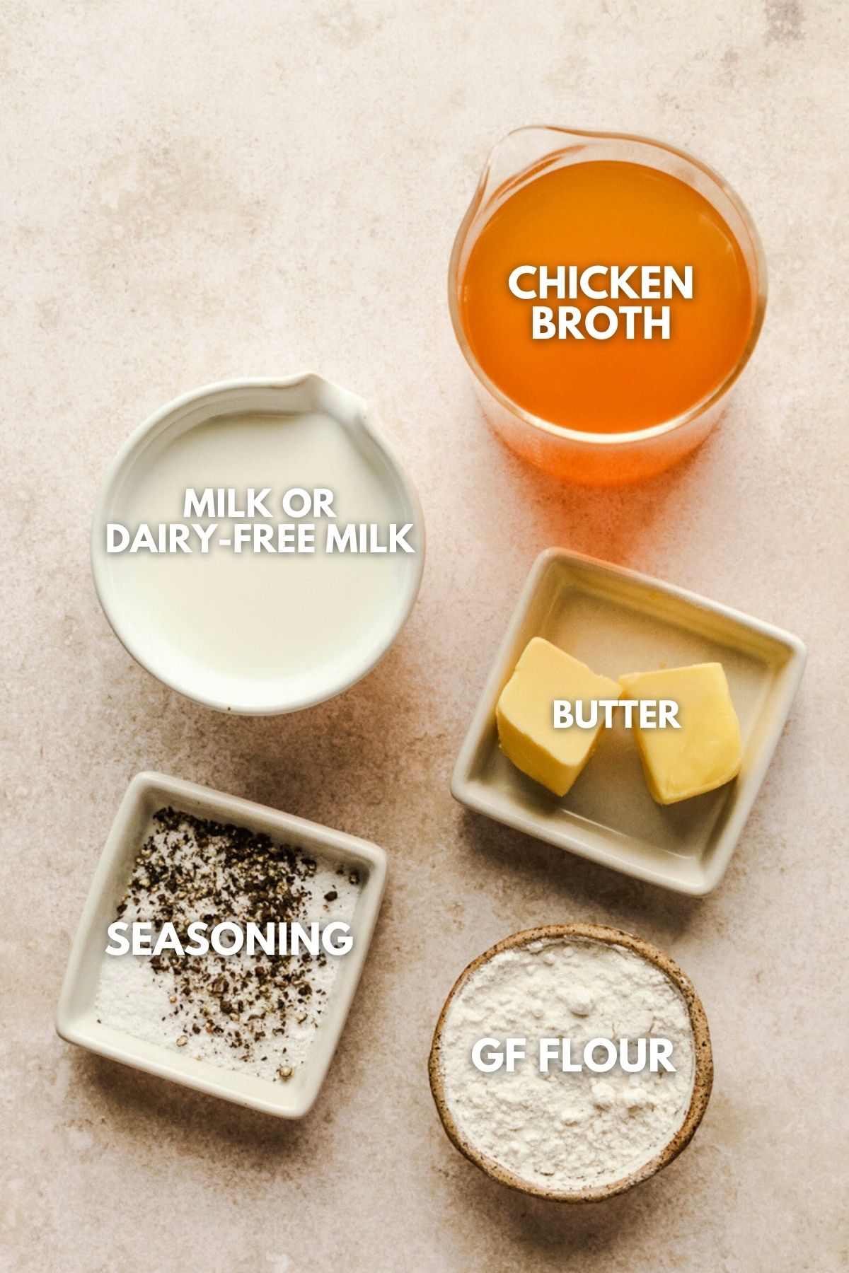 recipe ingredients in small bowls and labeled