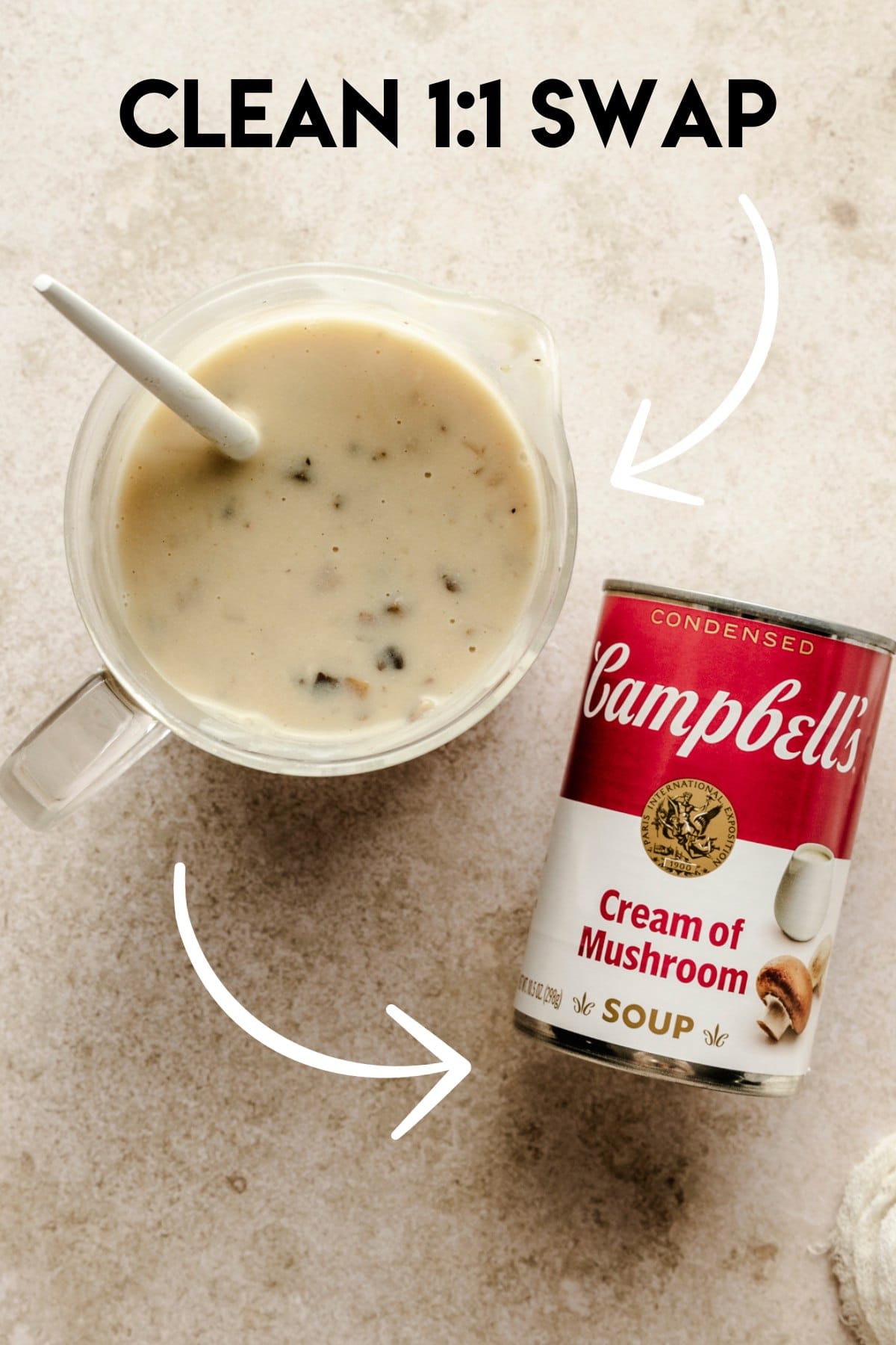 a cream of mushroom soup can next to a substitute in a container
