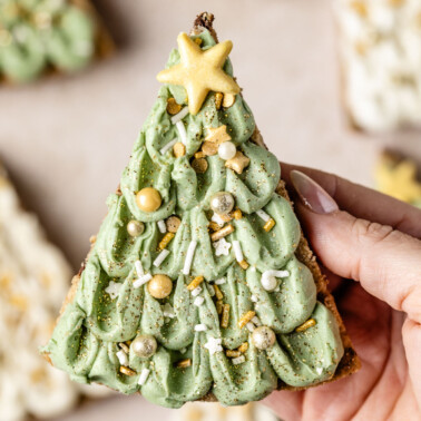 a hand holding a christmas tree shaped gluten free christmas cookie
