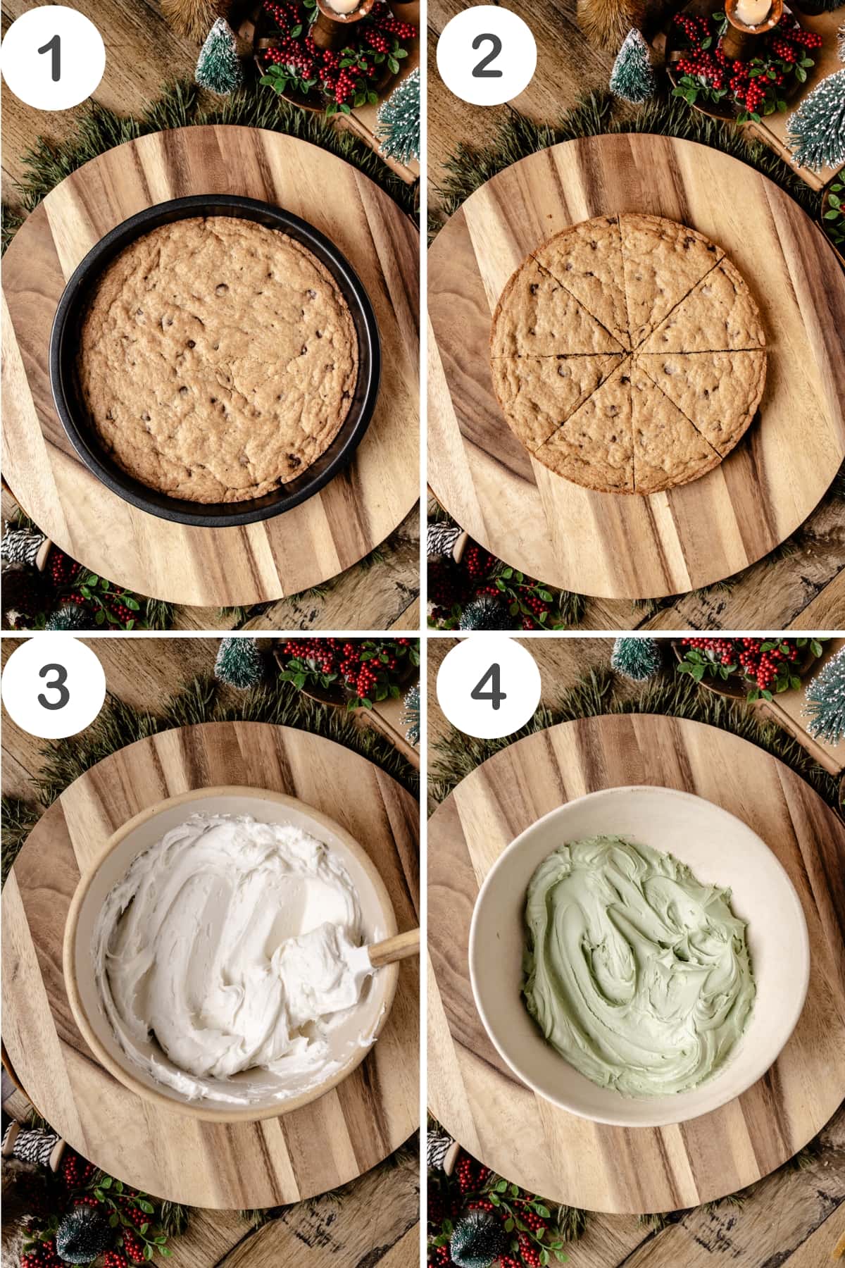 numbered step by step photos showing how to make the cookie cake and frosting 