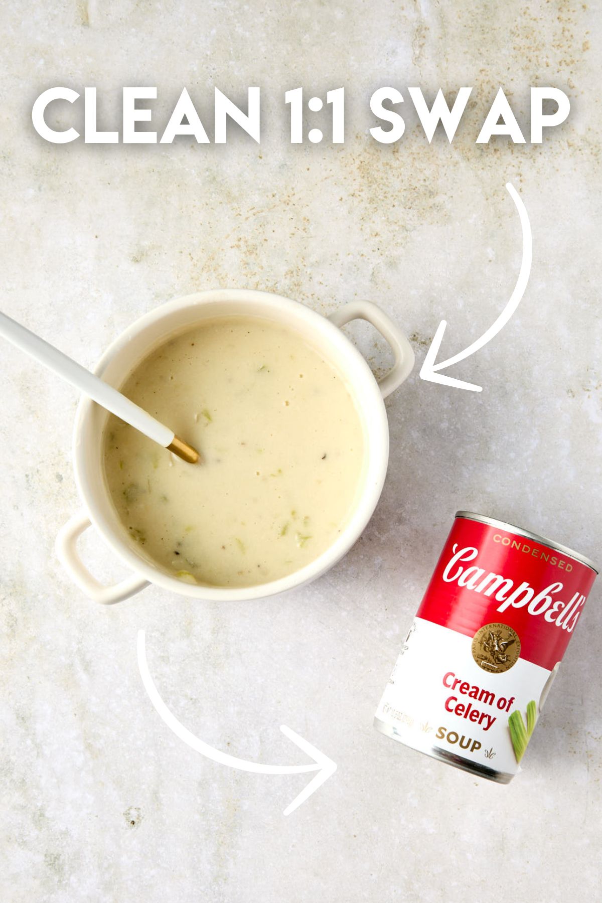 cream of celery soup substitute in a small bowl next to a can of Campbell's. 