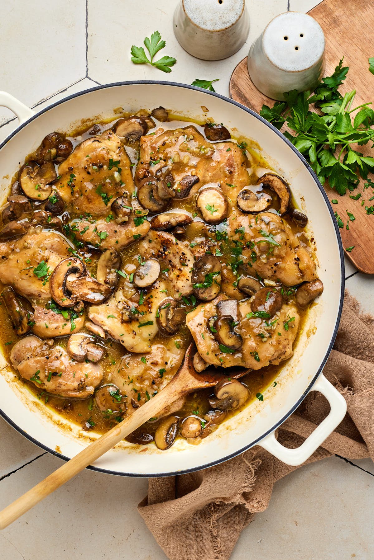 An overhead shot of the Skillet Chicken and Mushroom Wine Sauce