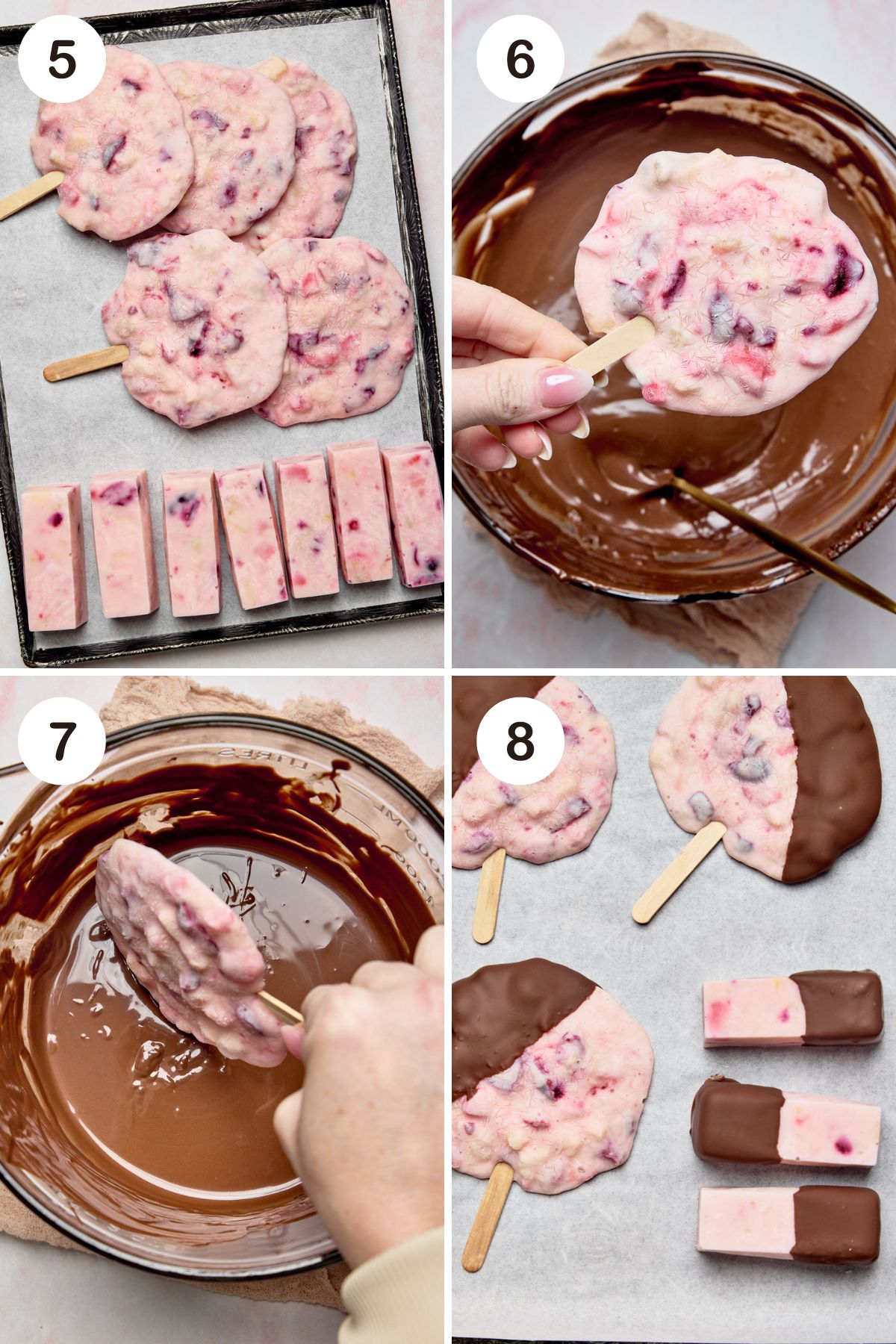 numbered step by step photos showing how to dip the bars into melted chocolate