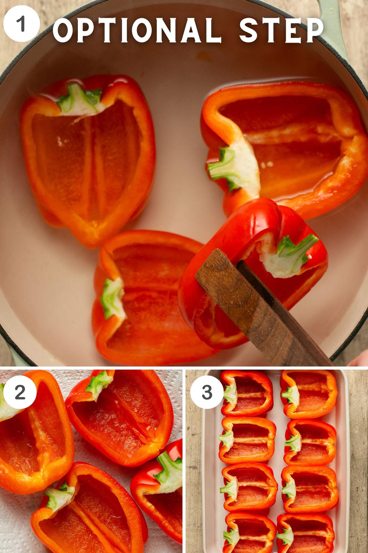 optional step photo showing bell peppers in a pot of water