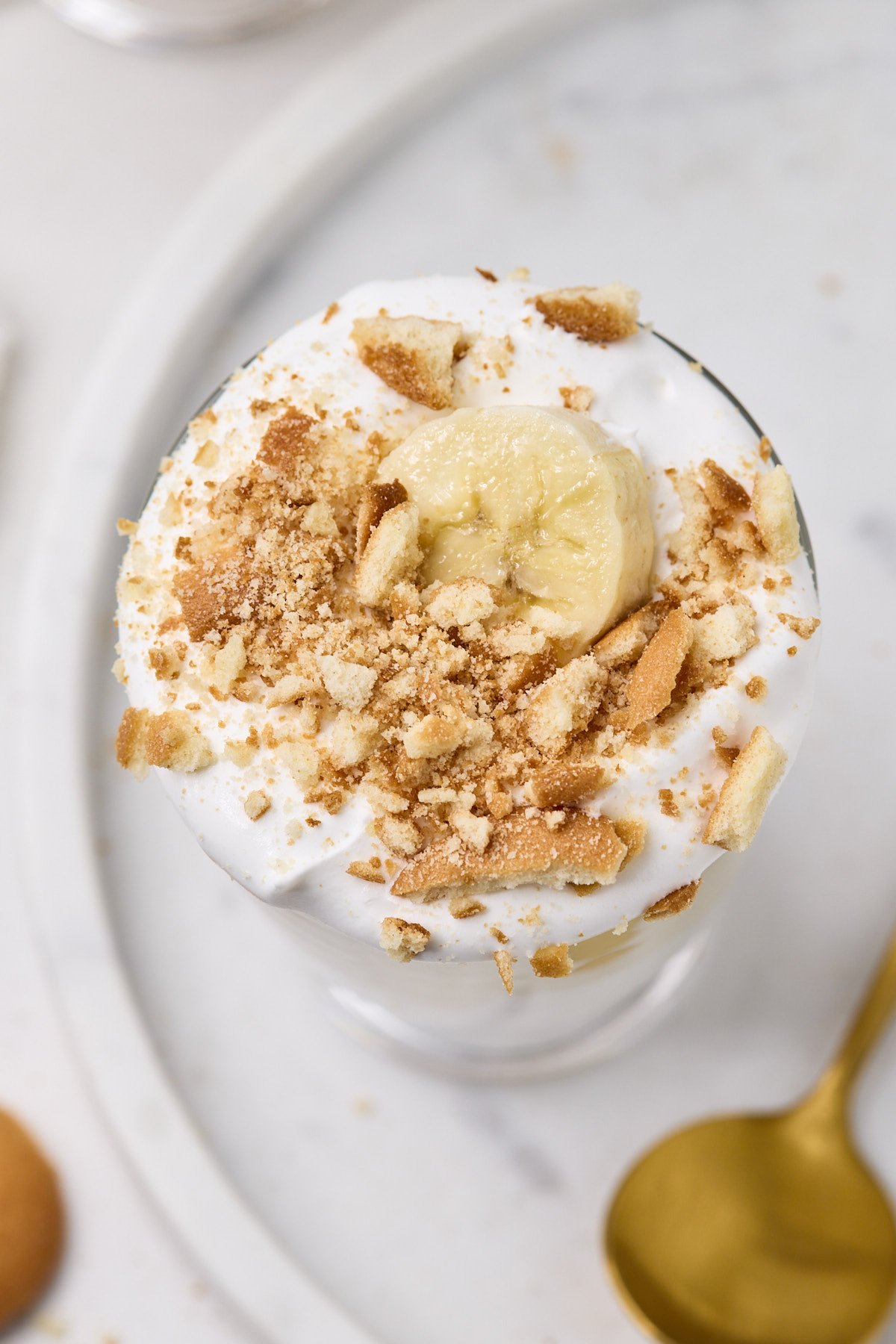 an overhead shot of the high protein banana pudding 