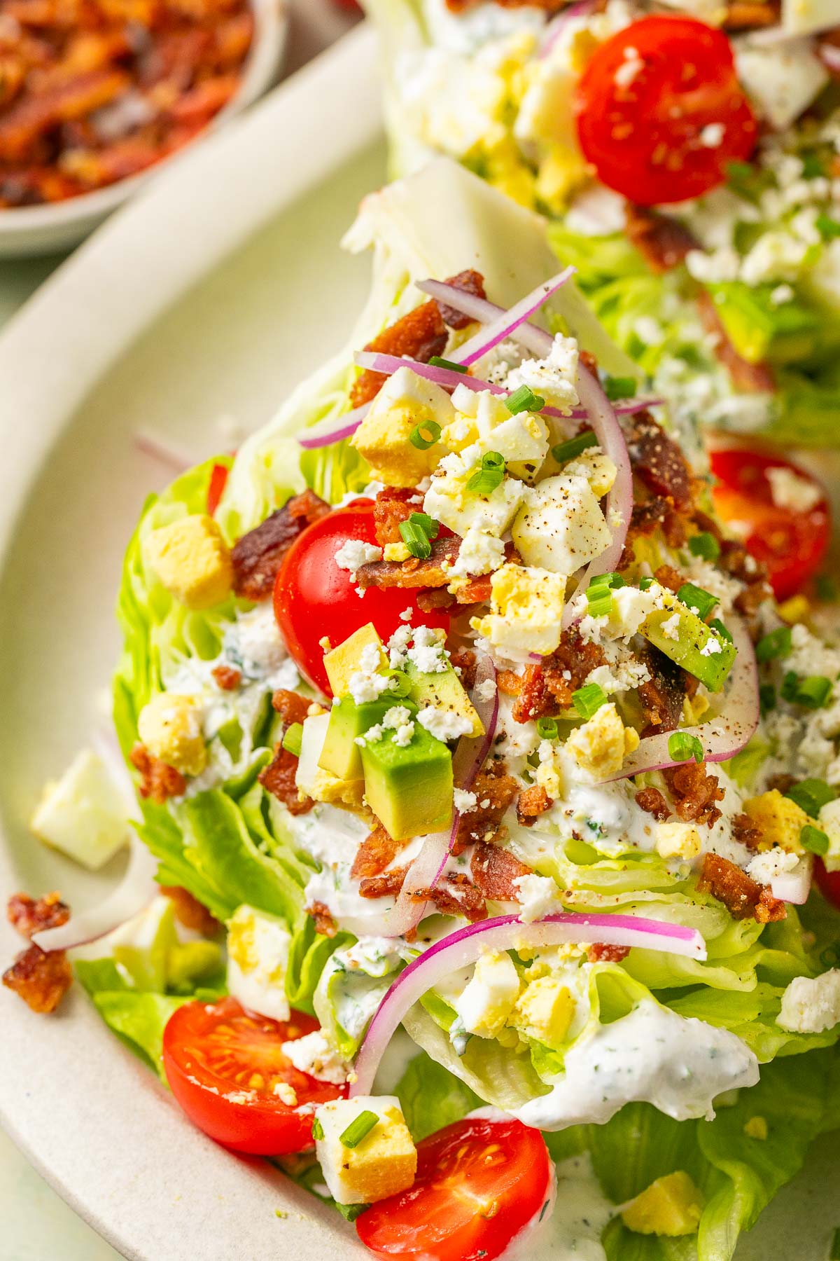 an up close photo of a wedge salad