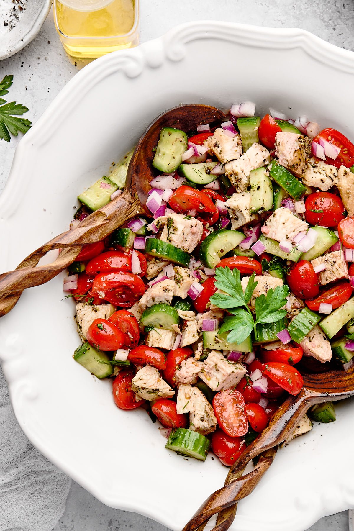 a close up photo of the Chicken Cucumber and Tomato Salad Recipe