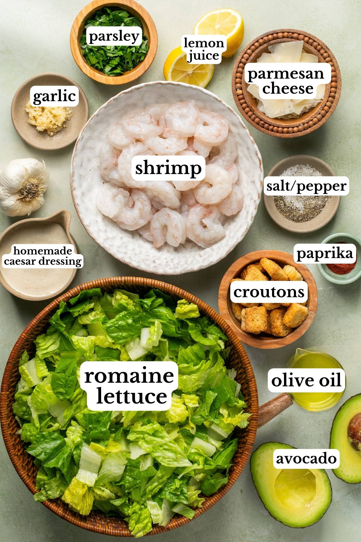 recipe ingredients in small bowls and labeled. 