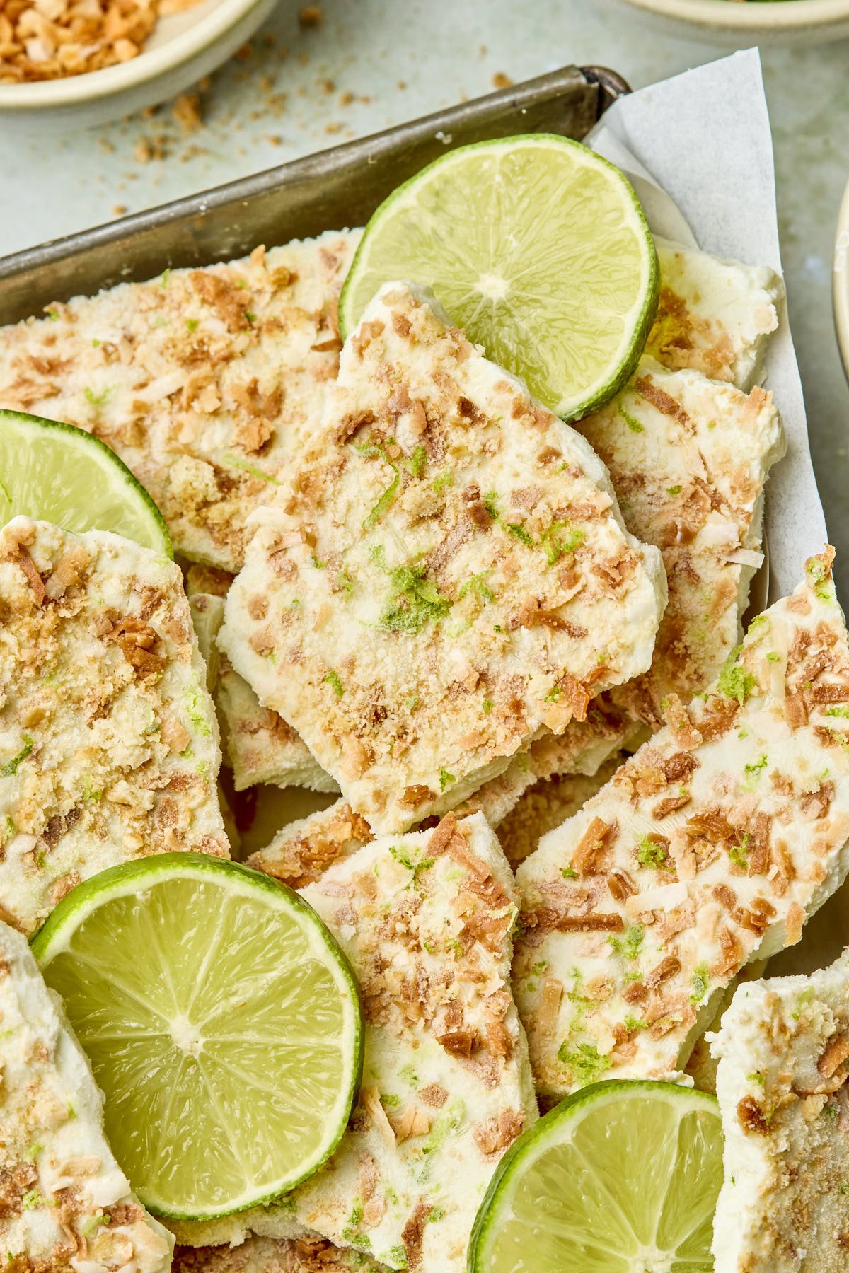 overhead shot of dessert bark with key limes