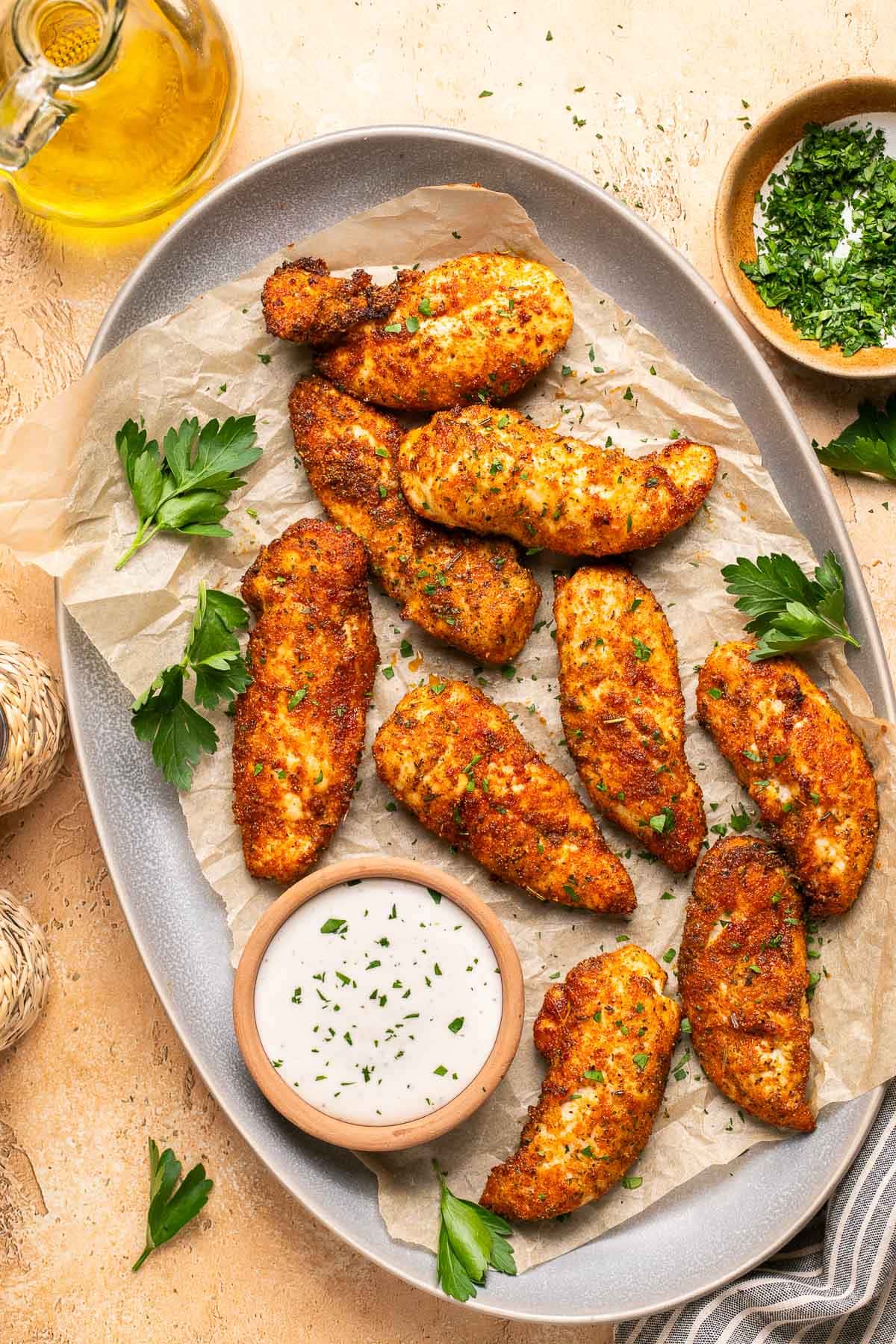 crispy air fryer chicken tenders on a serving platter