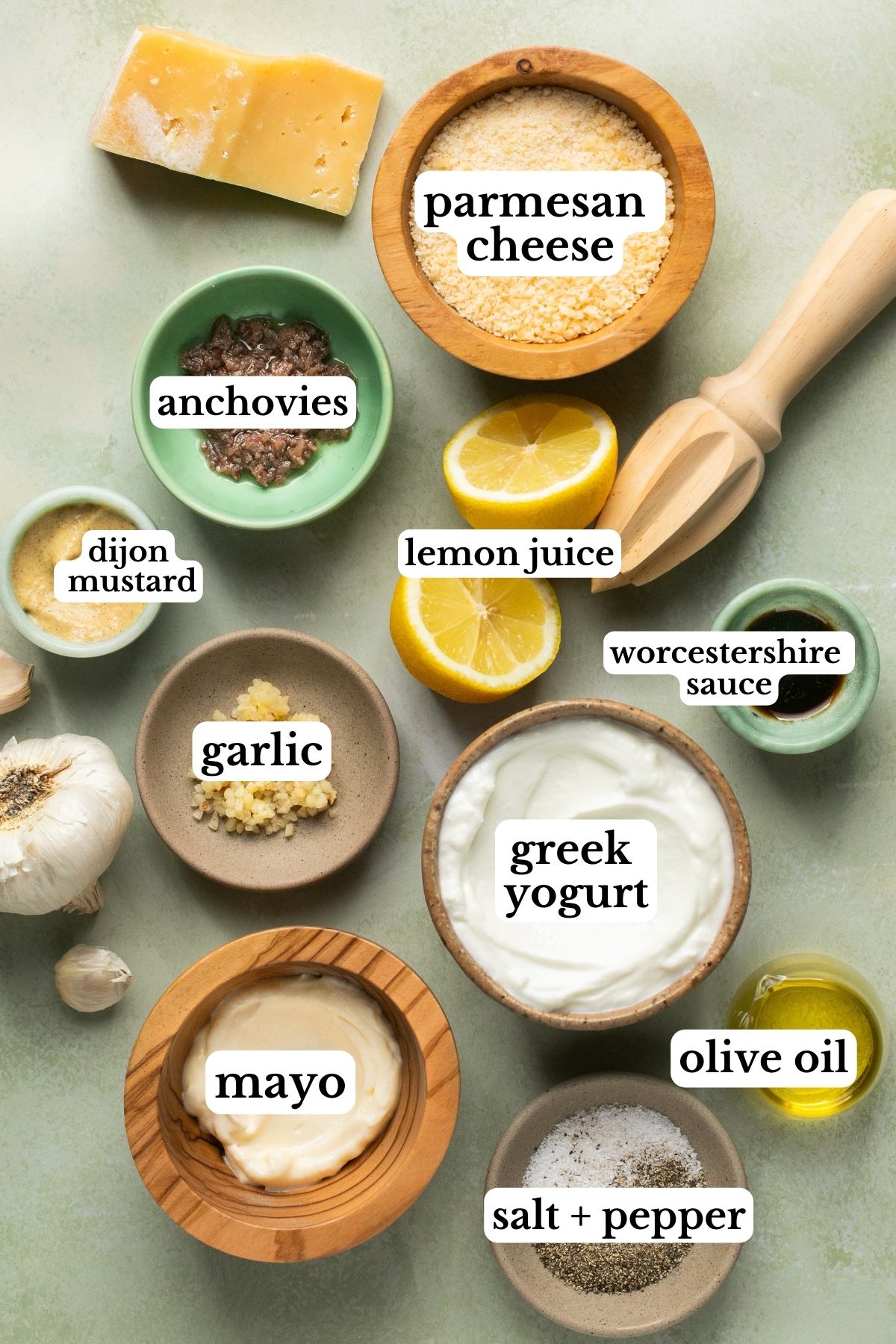 recipe ingredients in small bowls and labeled 