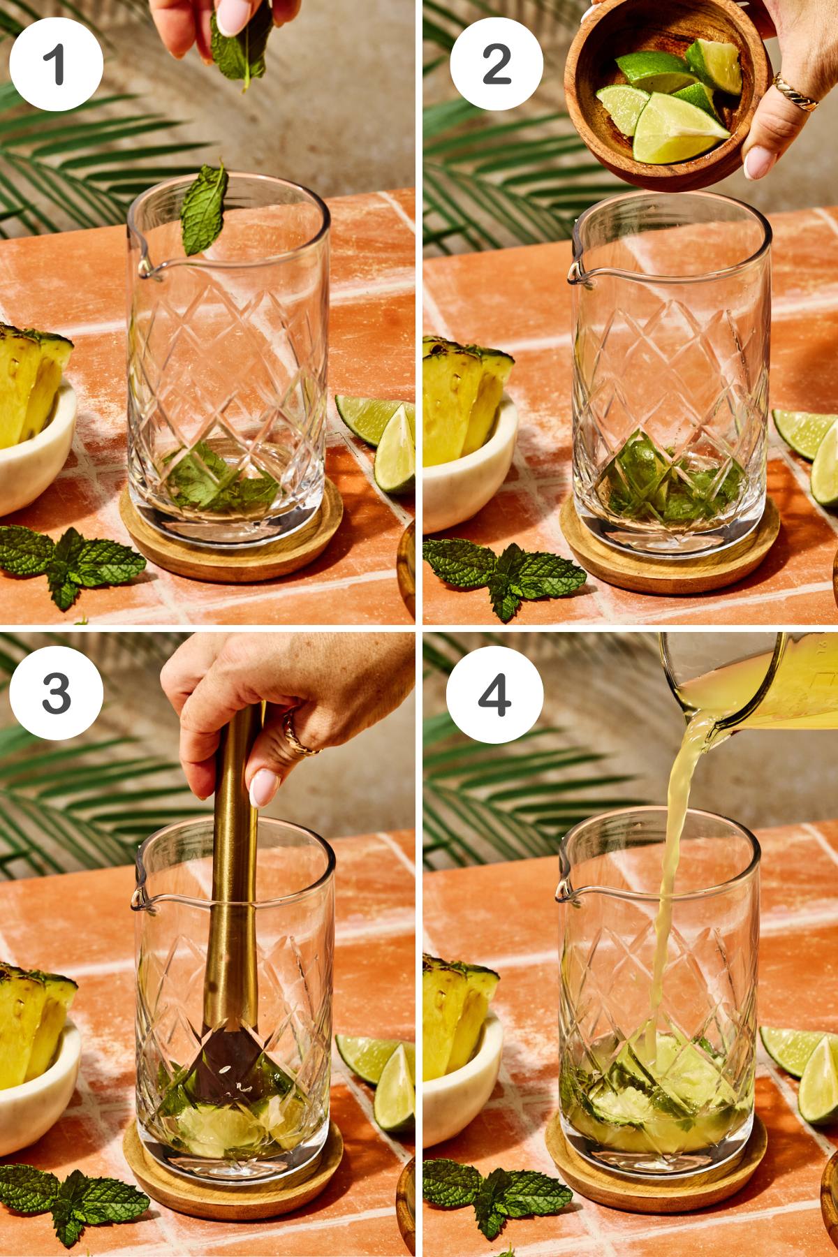 numbered step by step photos showing how to prepare the cocktail 