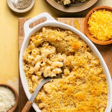 an overhead shot of southern baked mac and cheese in a white casserole dish