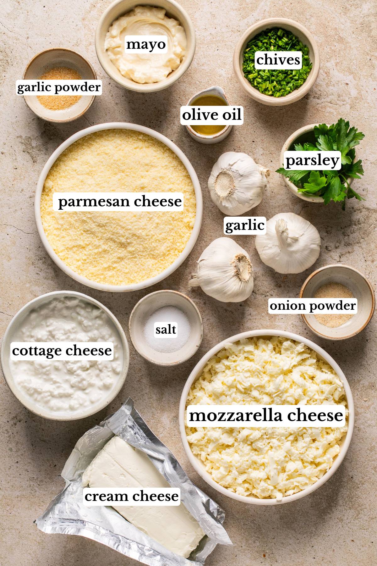 recipe ingredients in small bowls and labeled