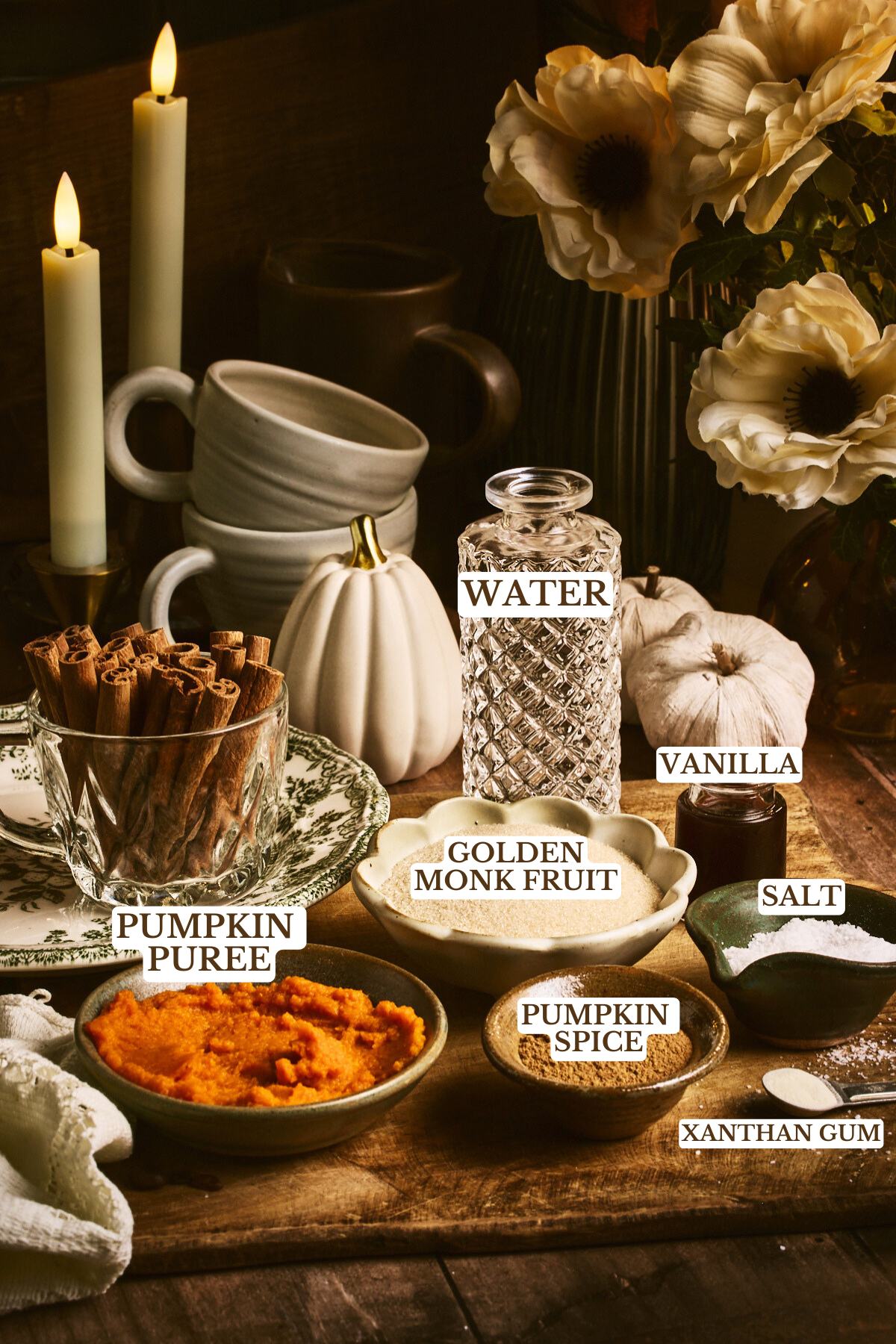 Shot of all the ingredients for my Sugar-Free Pumpkin Spice Syrup