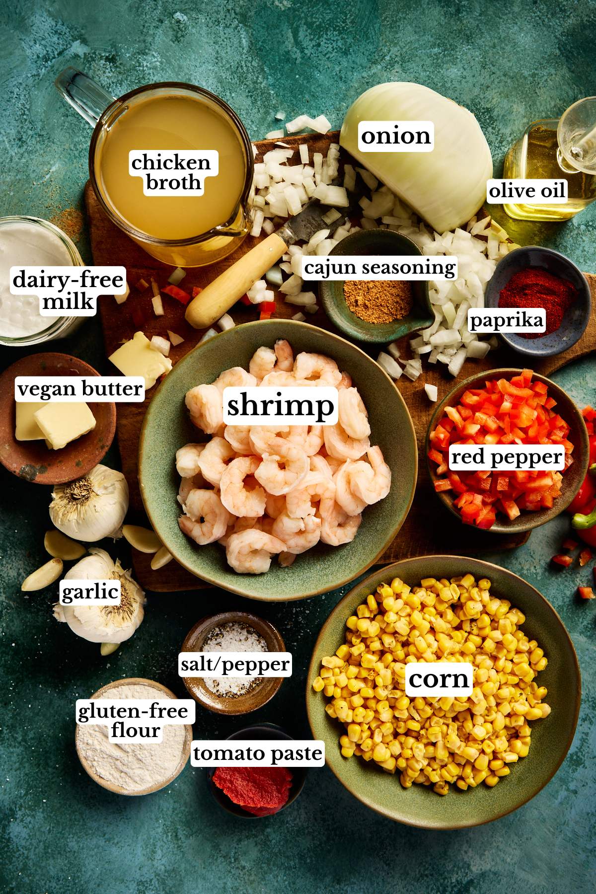 recipe ingredients in small bowls and labeled 