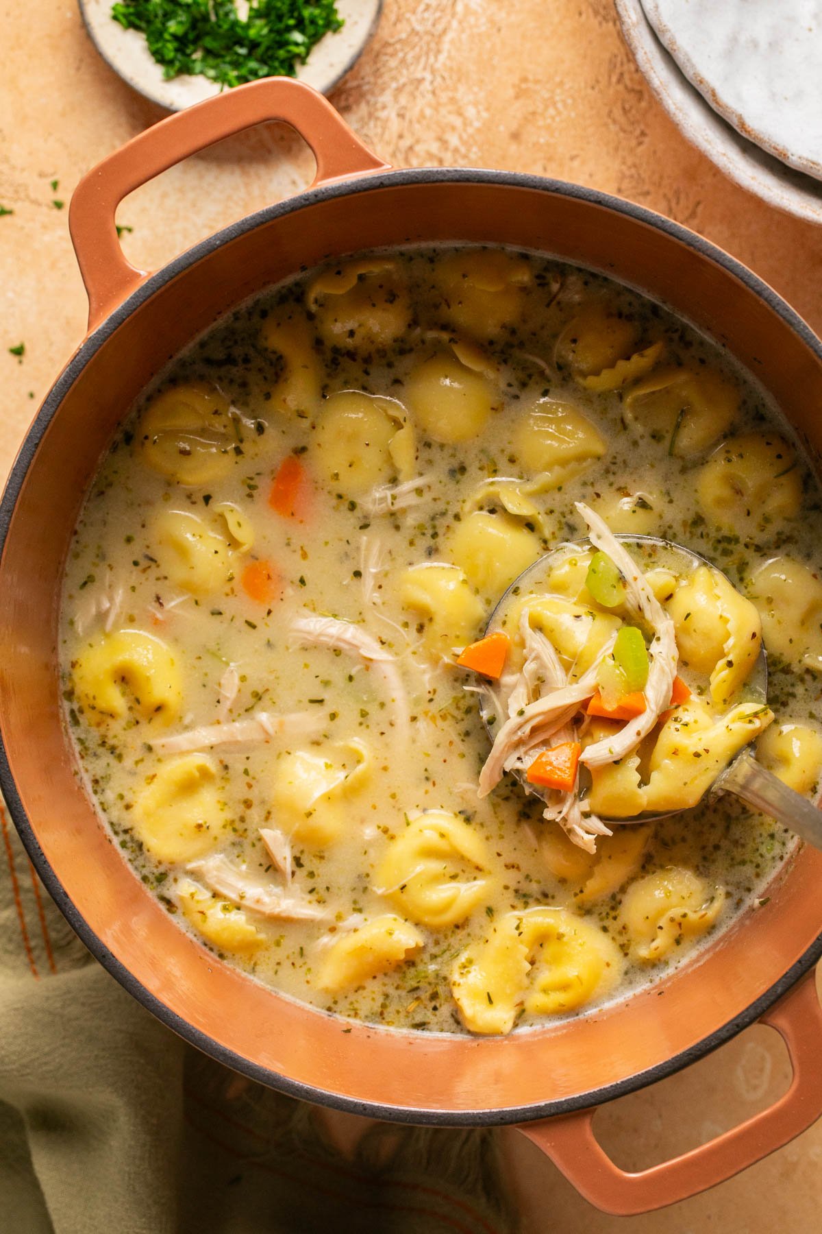 a pot of soup with a ladle scooping some out 