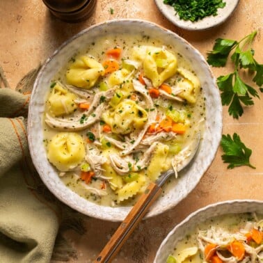 a close up shot of creamy chicken tortellini soup in a bowl with a spoon