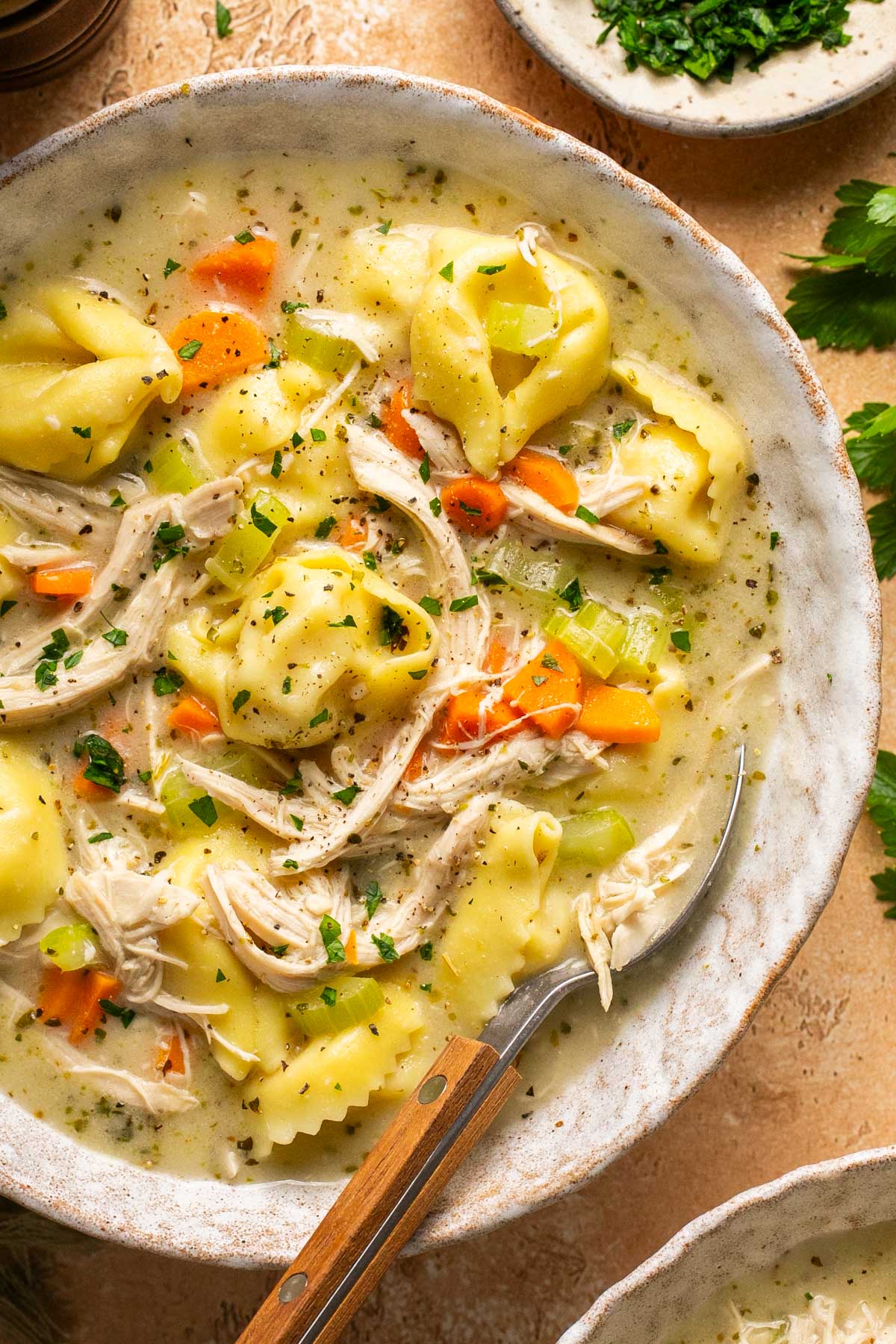 a close up shot of creamy chicken tortellini soup in a bowl with a spoon