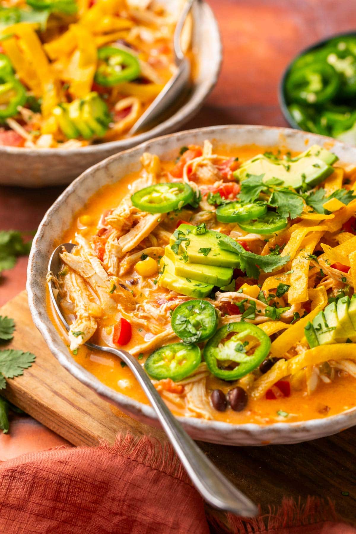 a side view of a bowl of creamy chicken tortilla soup with toppings