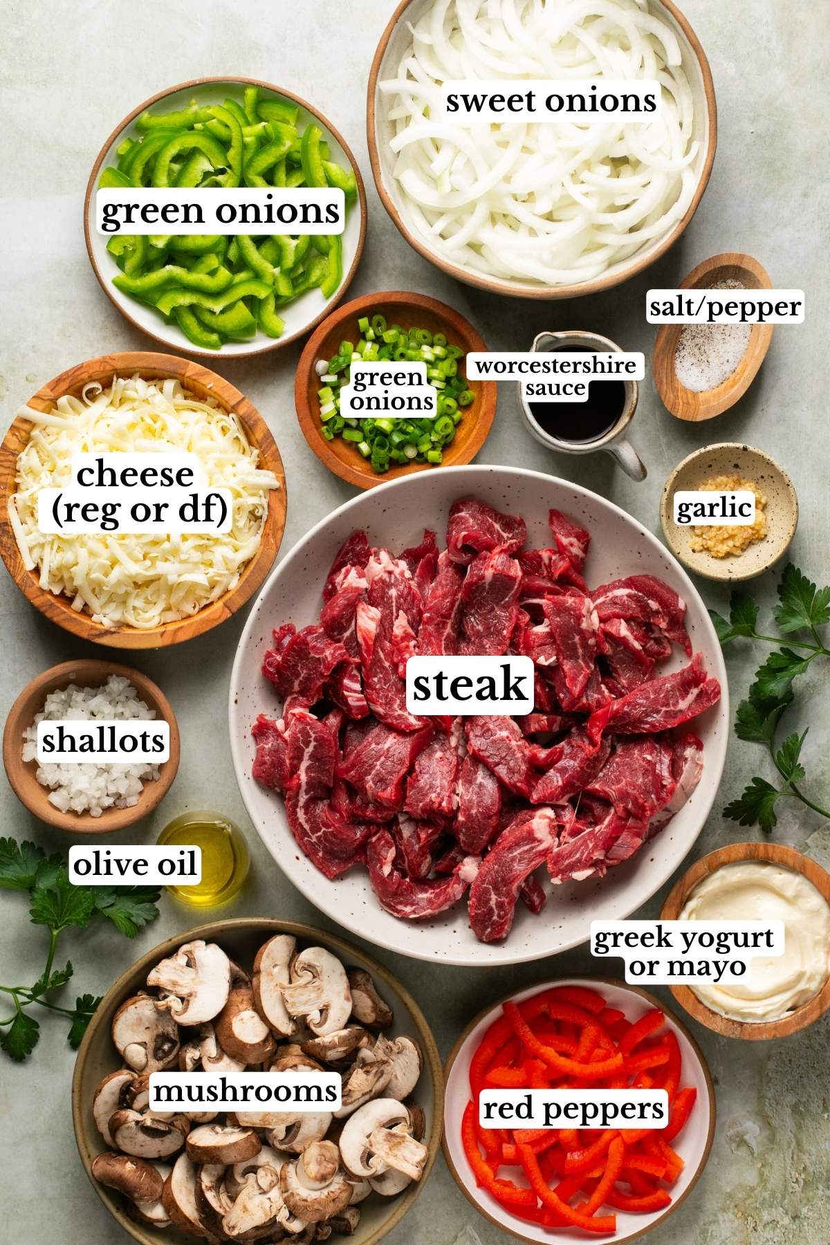 recipe ingredients in small bowls and labeled 