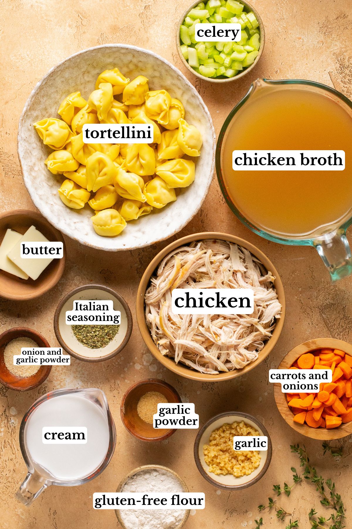 recipe ingredients in small bowls and labeled 