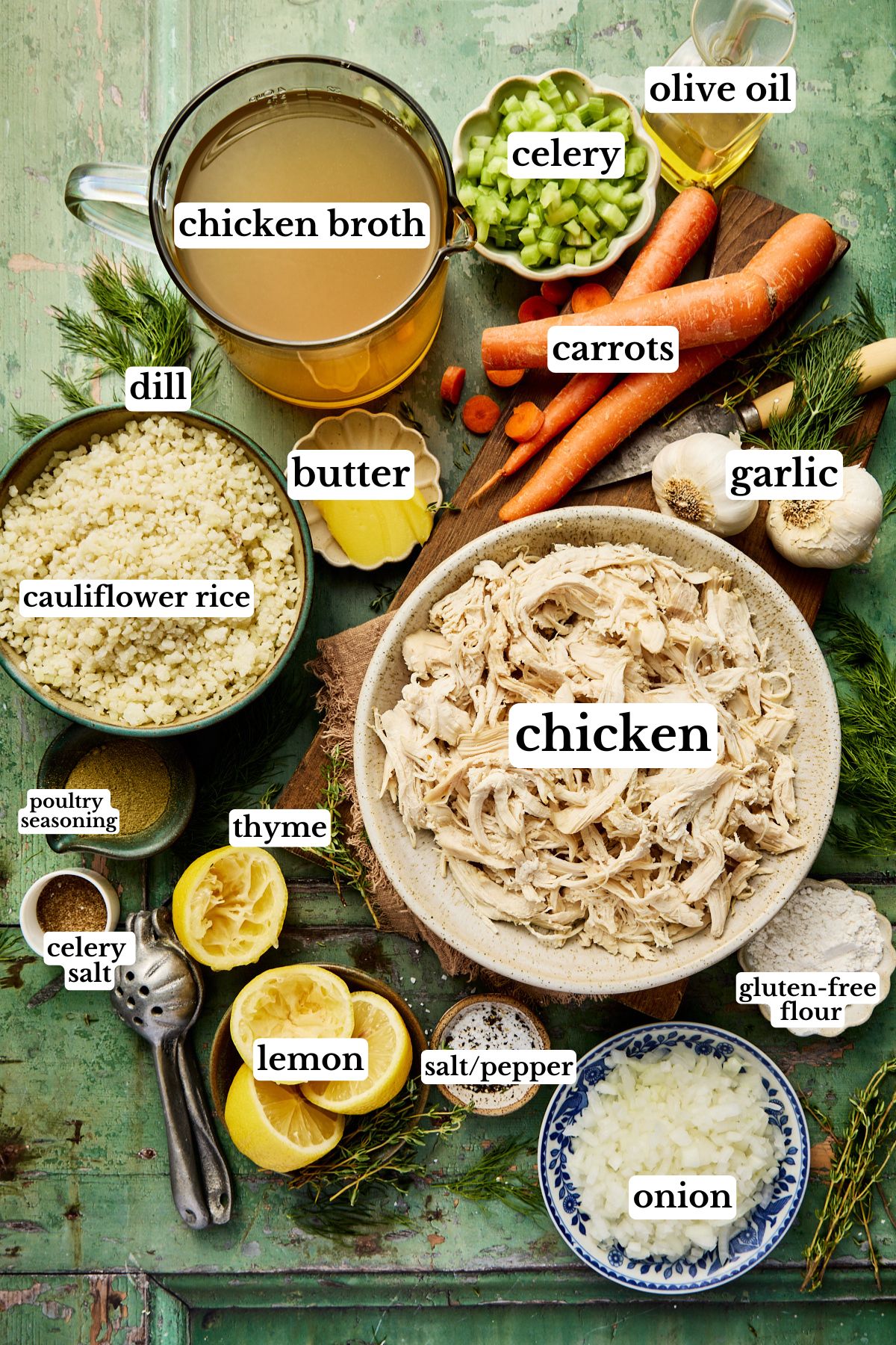 recipe ingredients in small bowls and labeled 