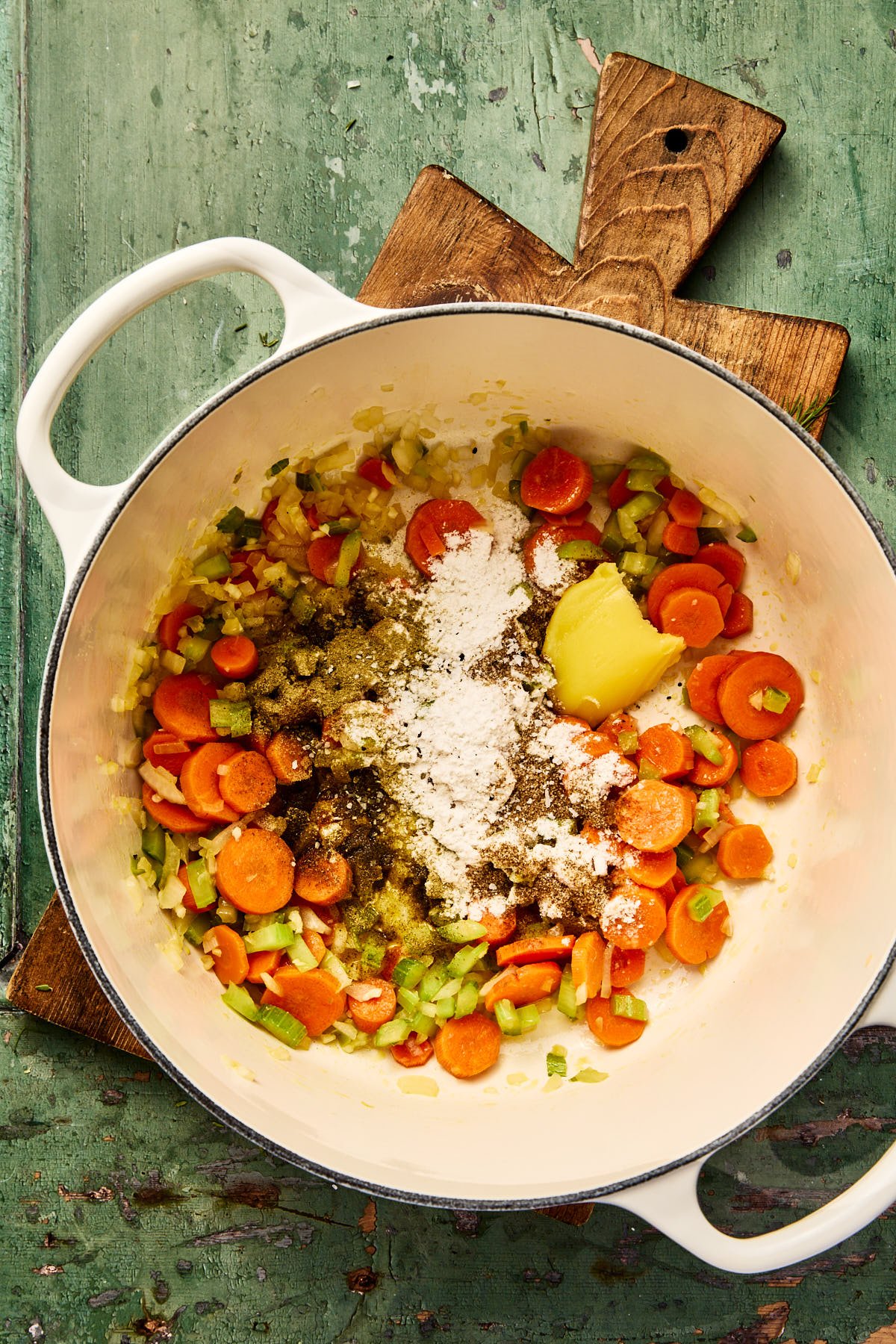 flour sprinkled over cooked veggies