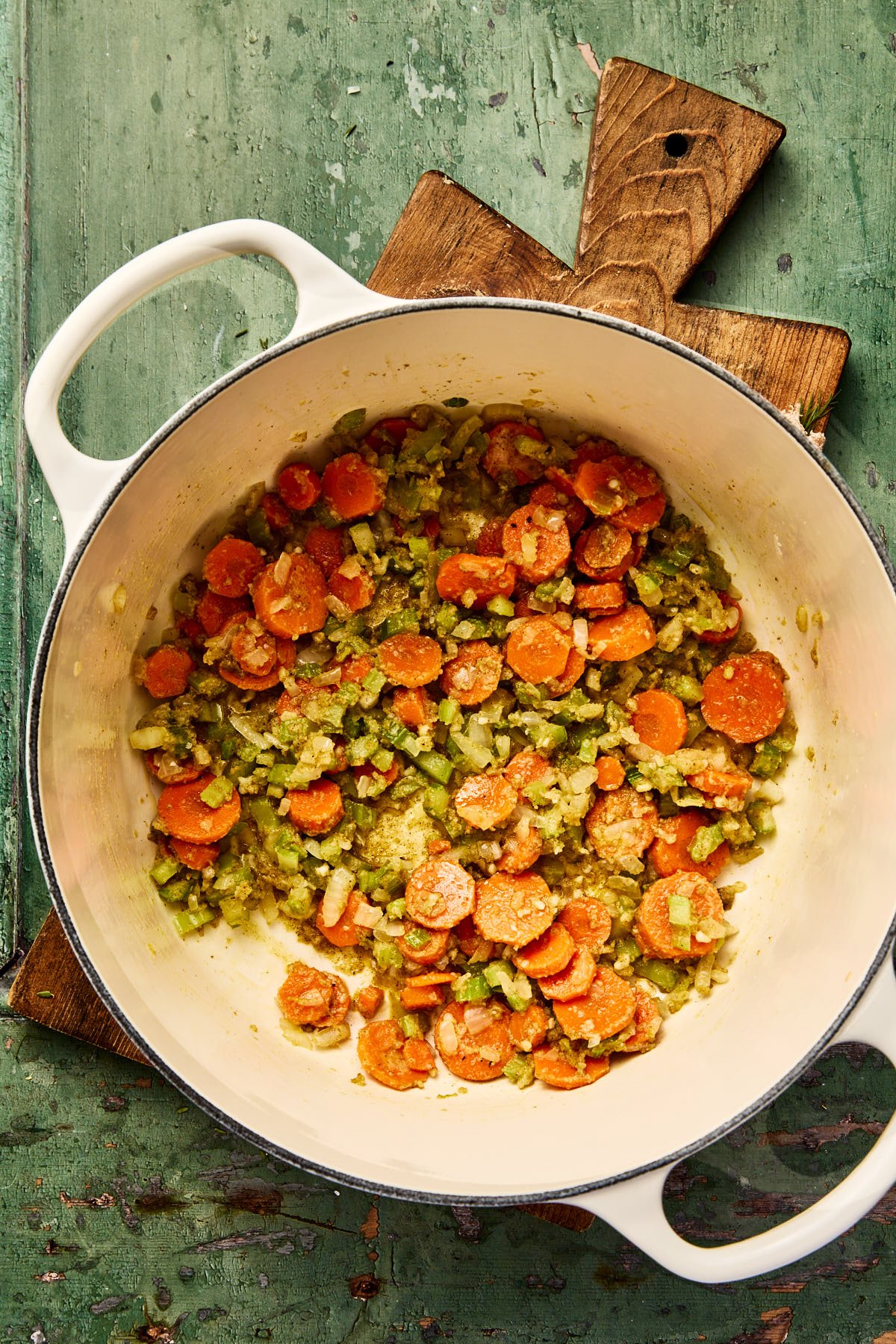 veggies cooked in the bottom of a large pot