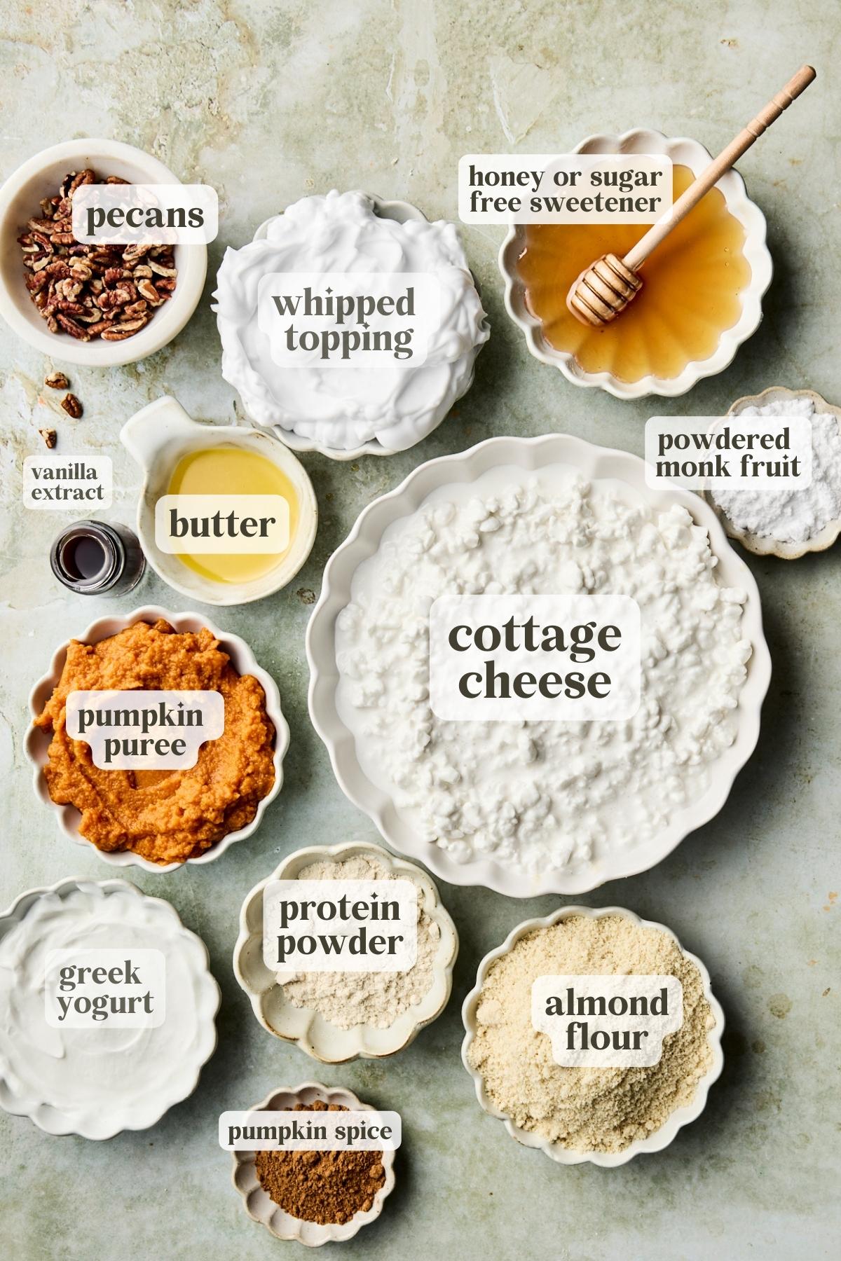 recipe ingredients in small bowls at labeled 