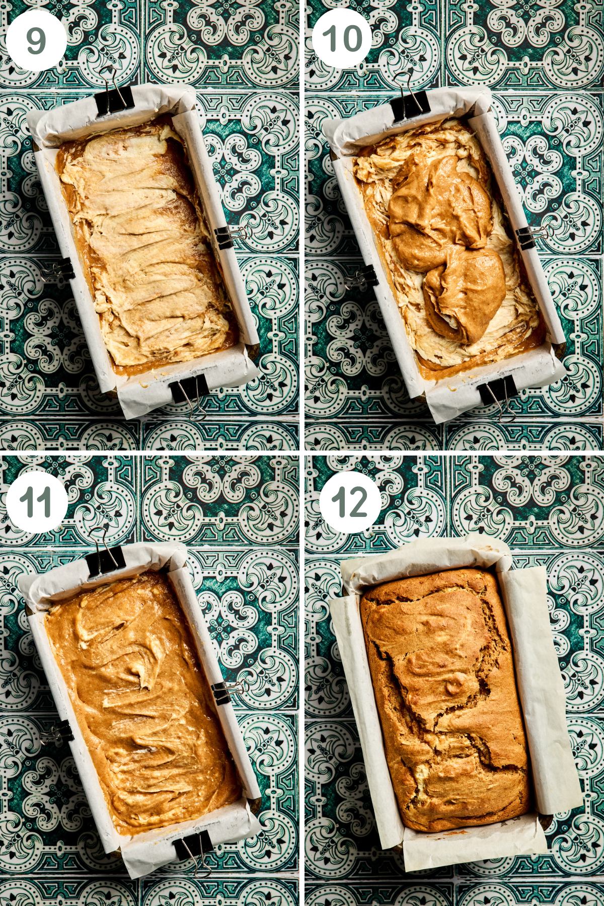 step by step photos showing an unbaked and baked loaf of bread 