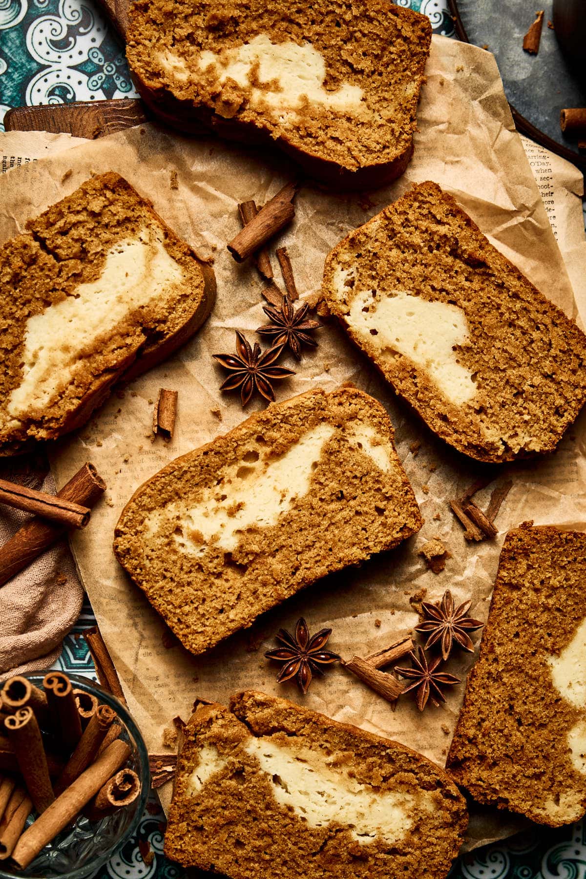 an overhead shot of bread slices on parchment paper 