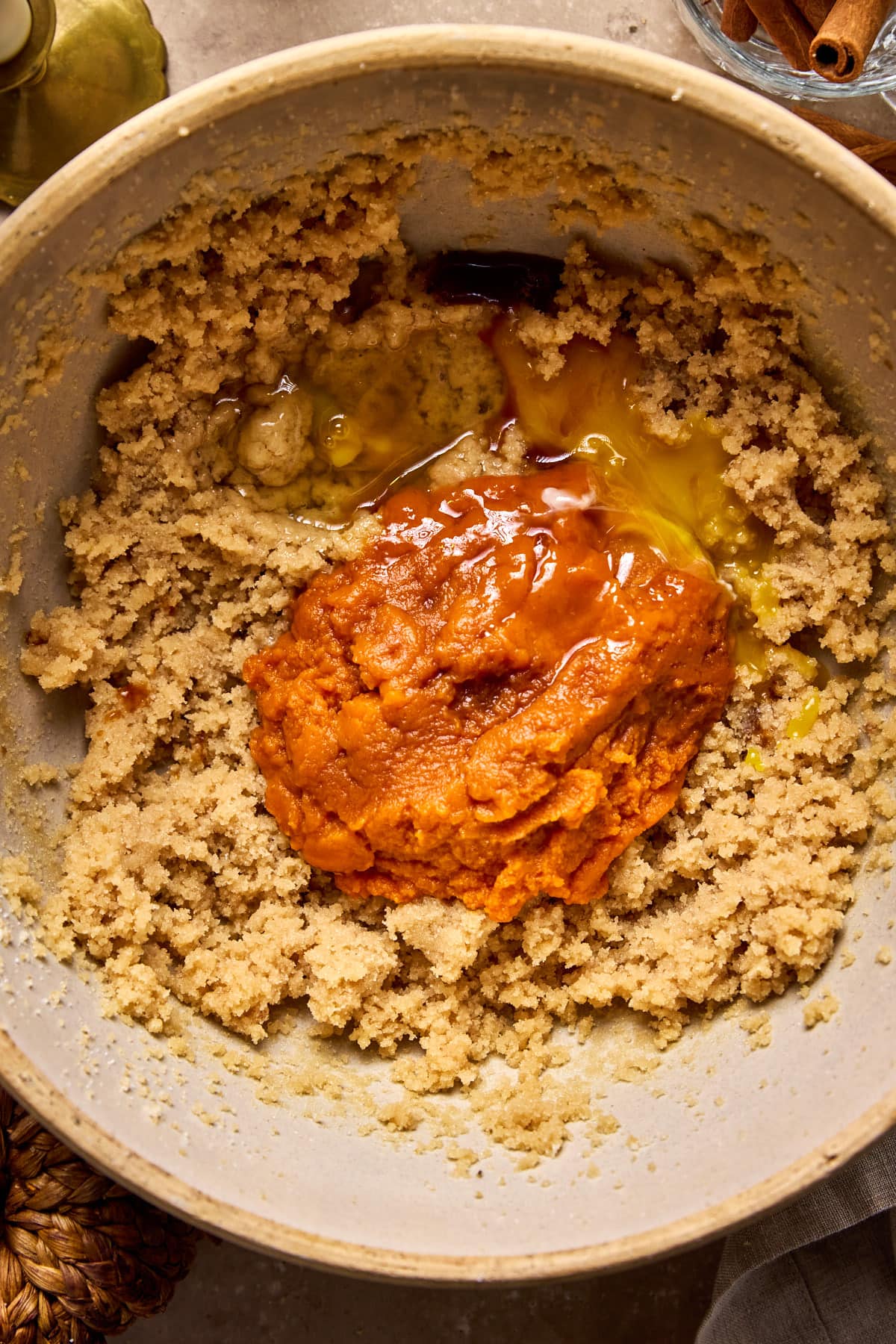 wet ingredients in a mixing bowl 