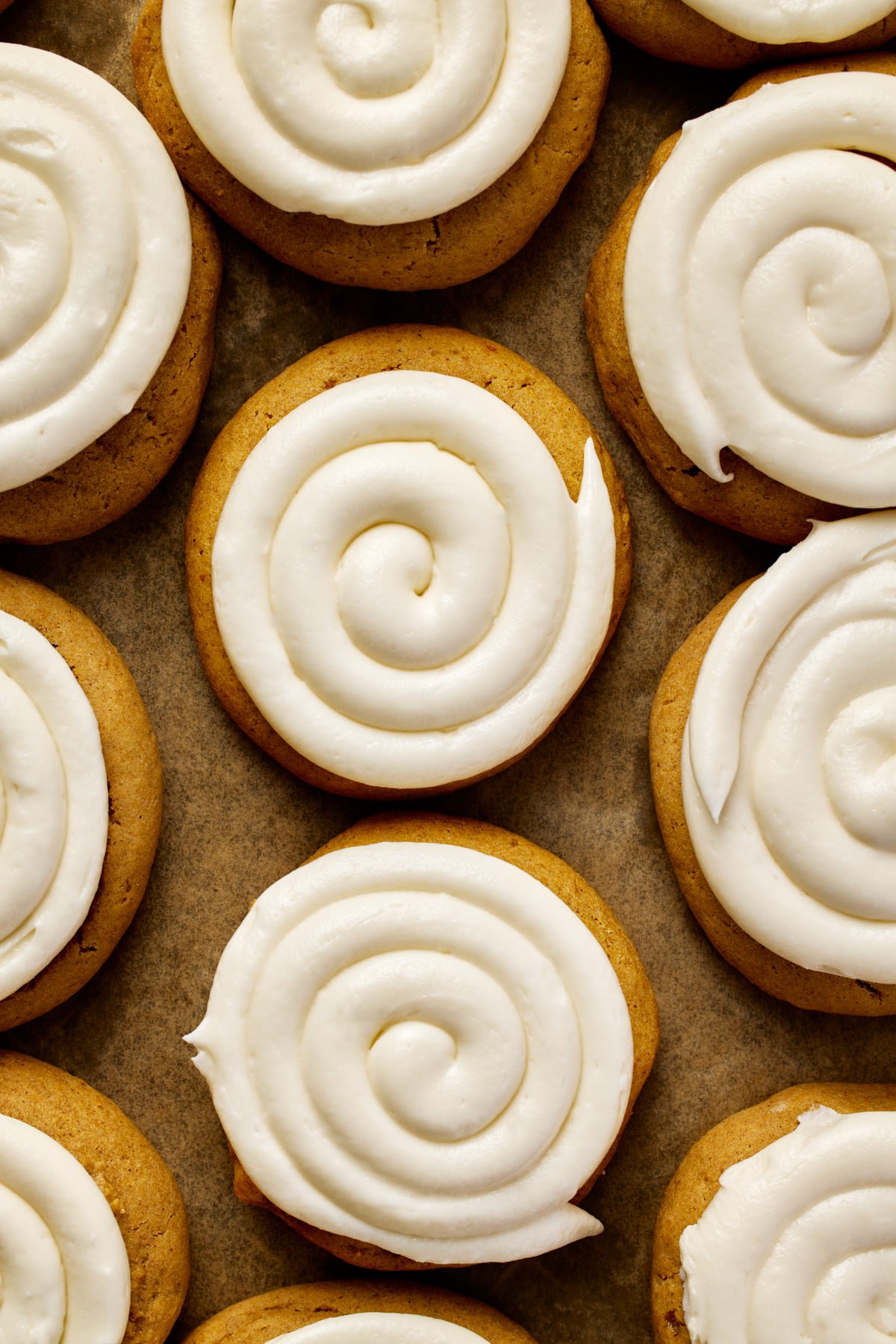 an overhead shot of gluten free pumpkin cookies on a baking sheet 