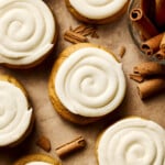 an overhead shot of gluten free pumpkin cookies frosted with cream cheese icing