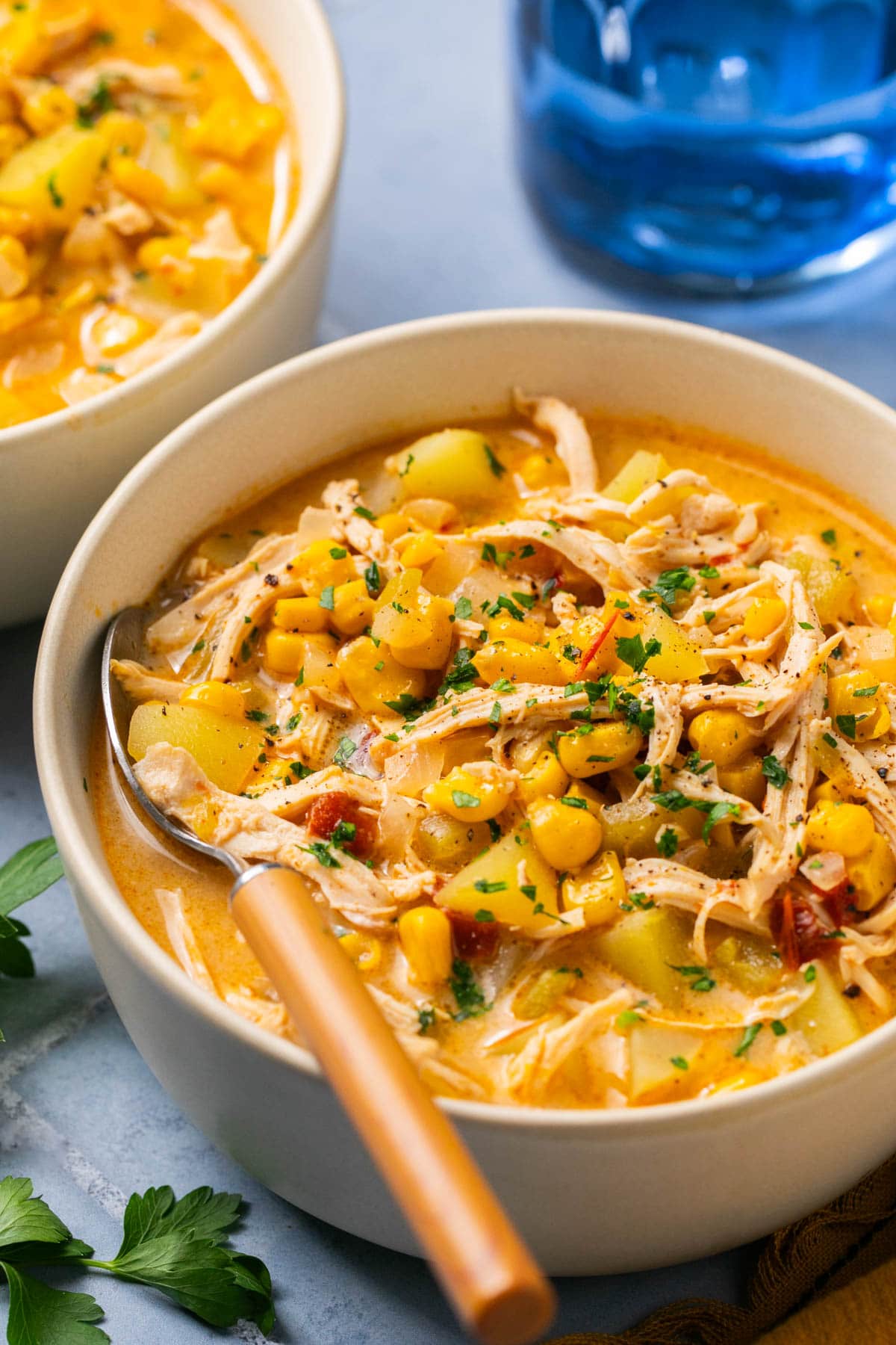 a bowl of southwest chicken chowder topped with toppings