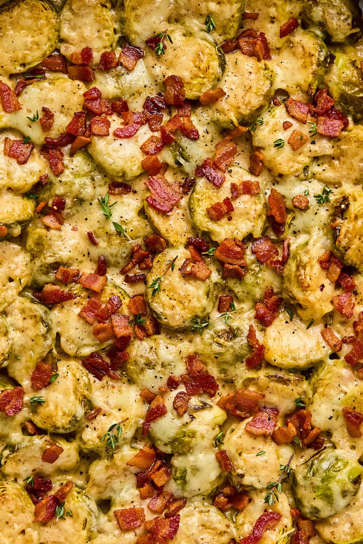 a closeup of chopped bacon on top of brussels sprouts 