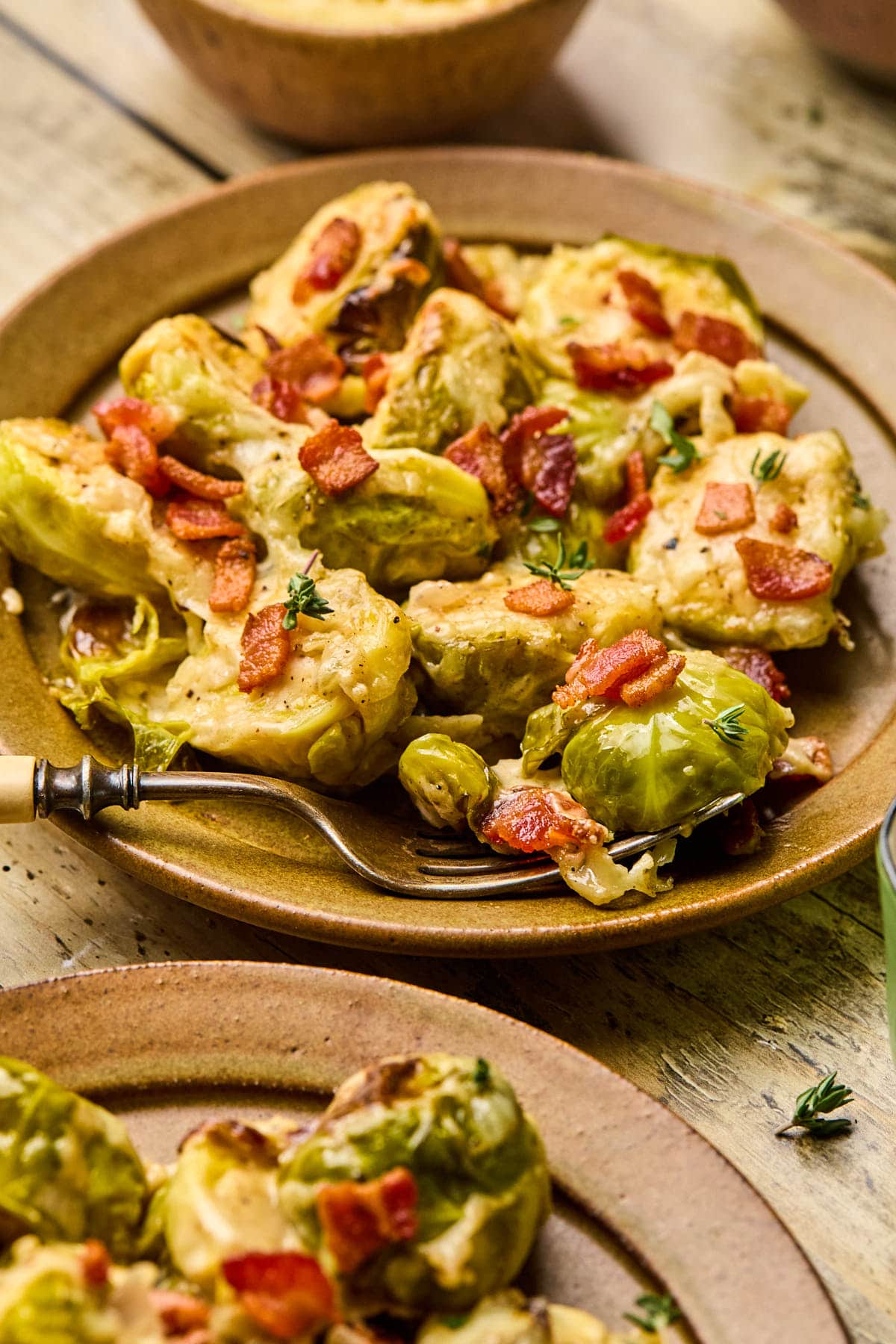 brussels sprouts gratin on a plate topped with sauce and bacon