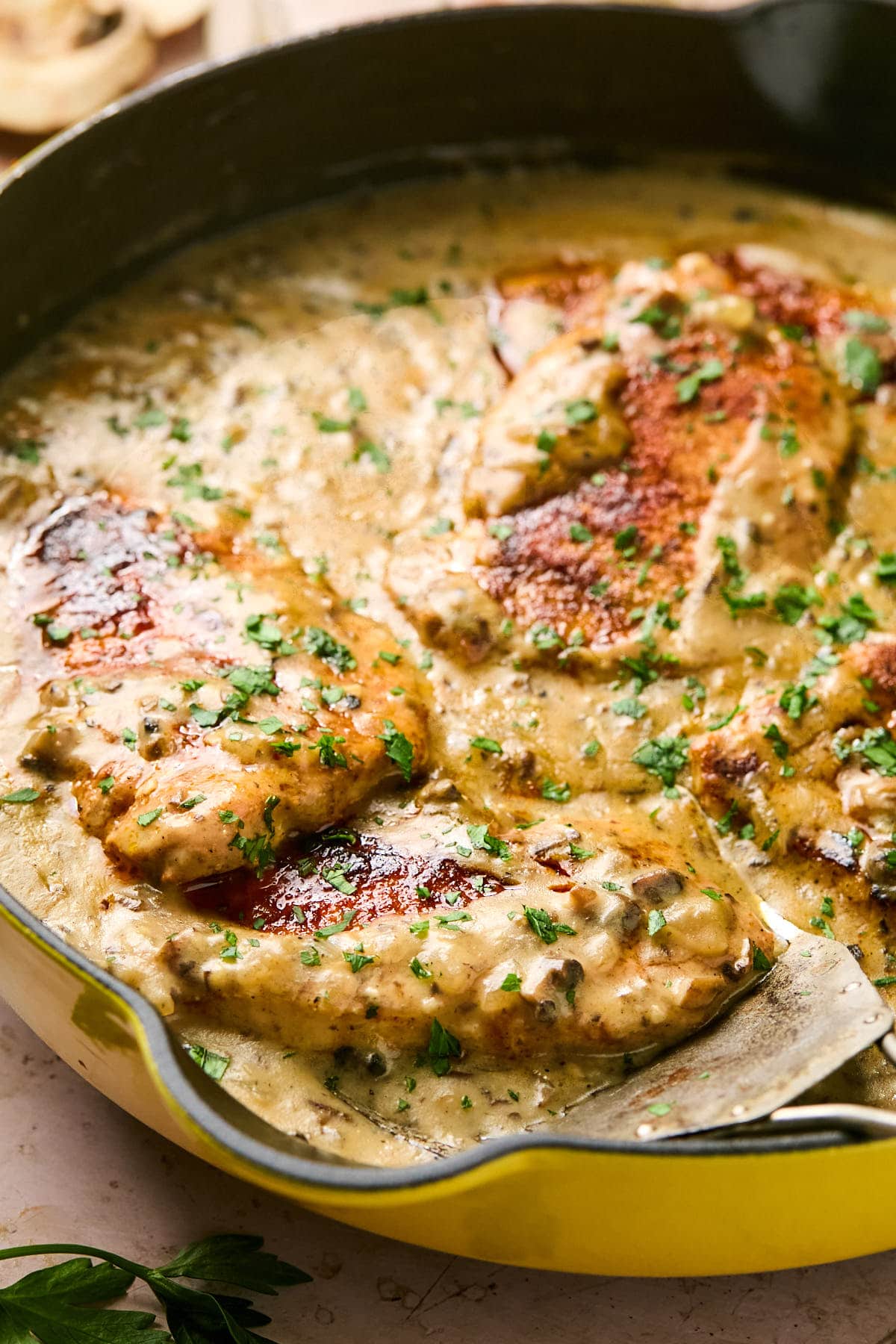 pork chops resting in sauce. 