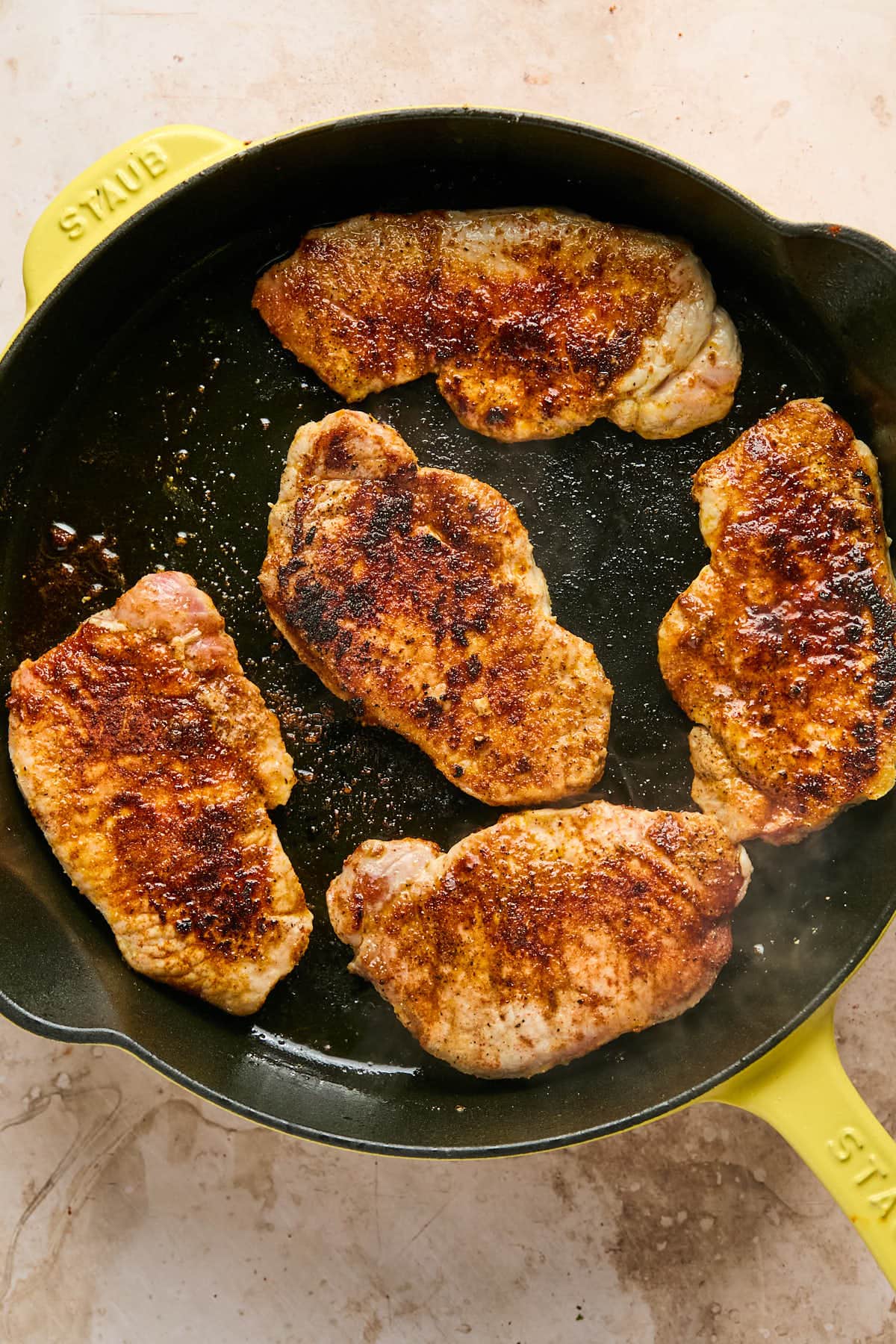 seared meat in a cast iron skillet. 