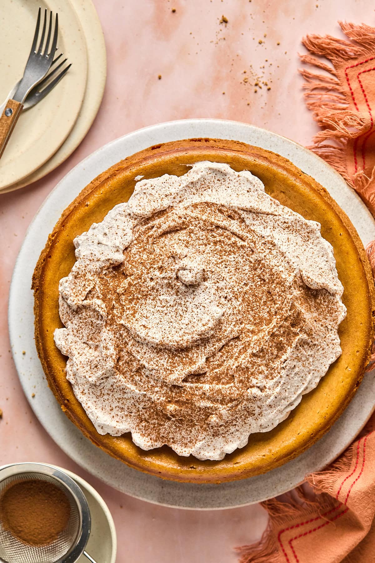 a pumpkin cheesecake topped with whipped cream and spices.