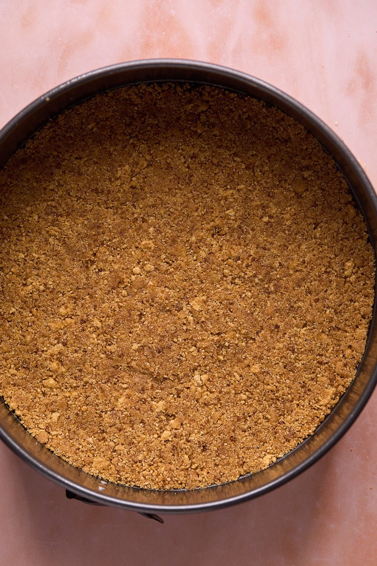 graham cracker crumbs pressed into a crust in a pan.