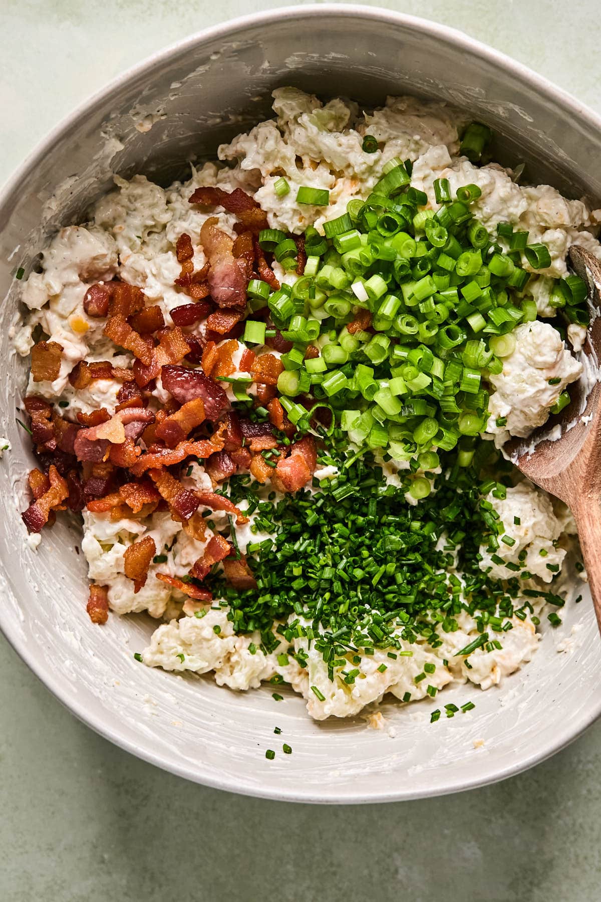 the sauce ingredients topped with bacon, chives, and chopped green onions