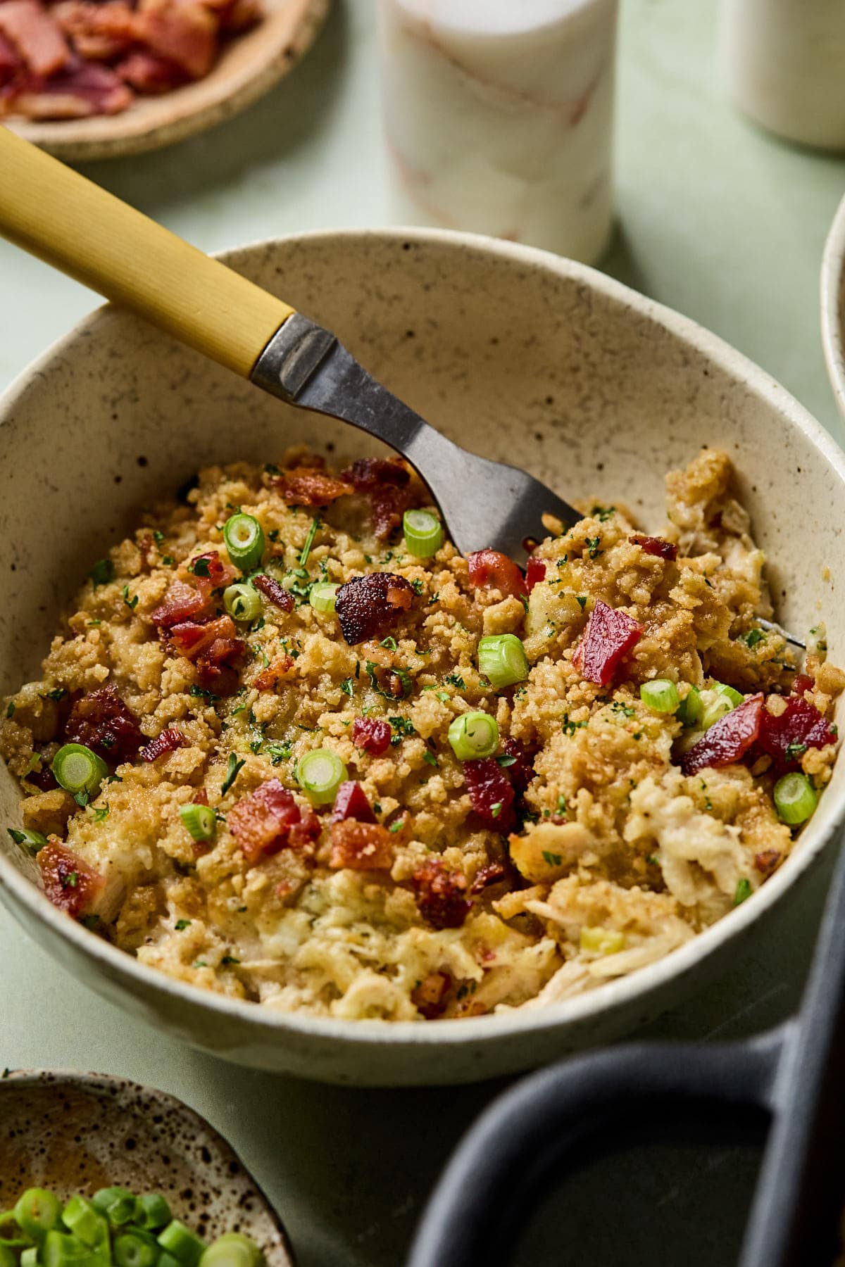 a close up of a bowl filled with chicken casserole 