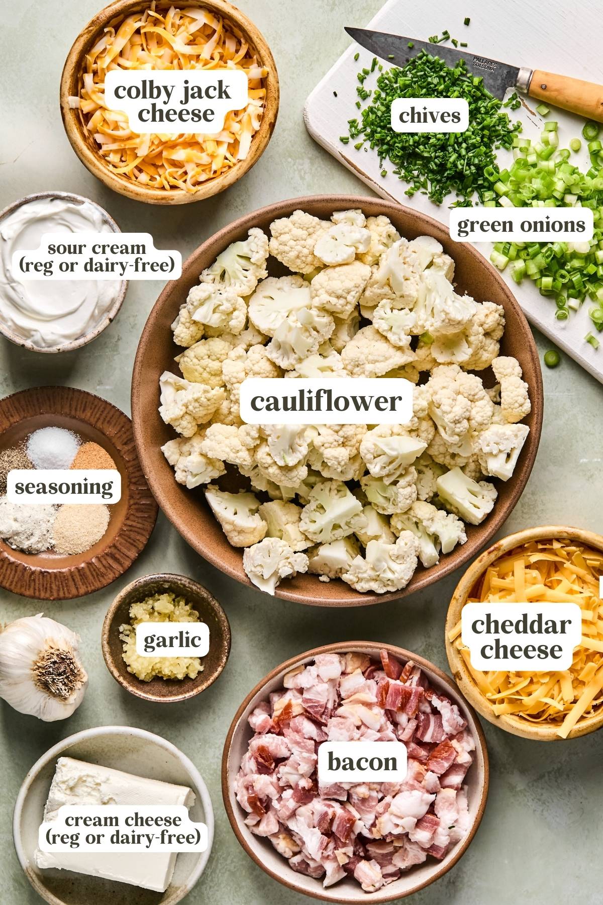 recipe ingredients in small bowls and labeled. 